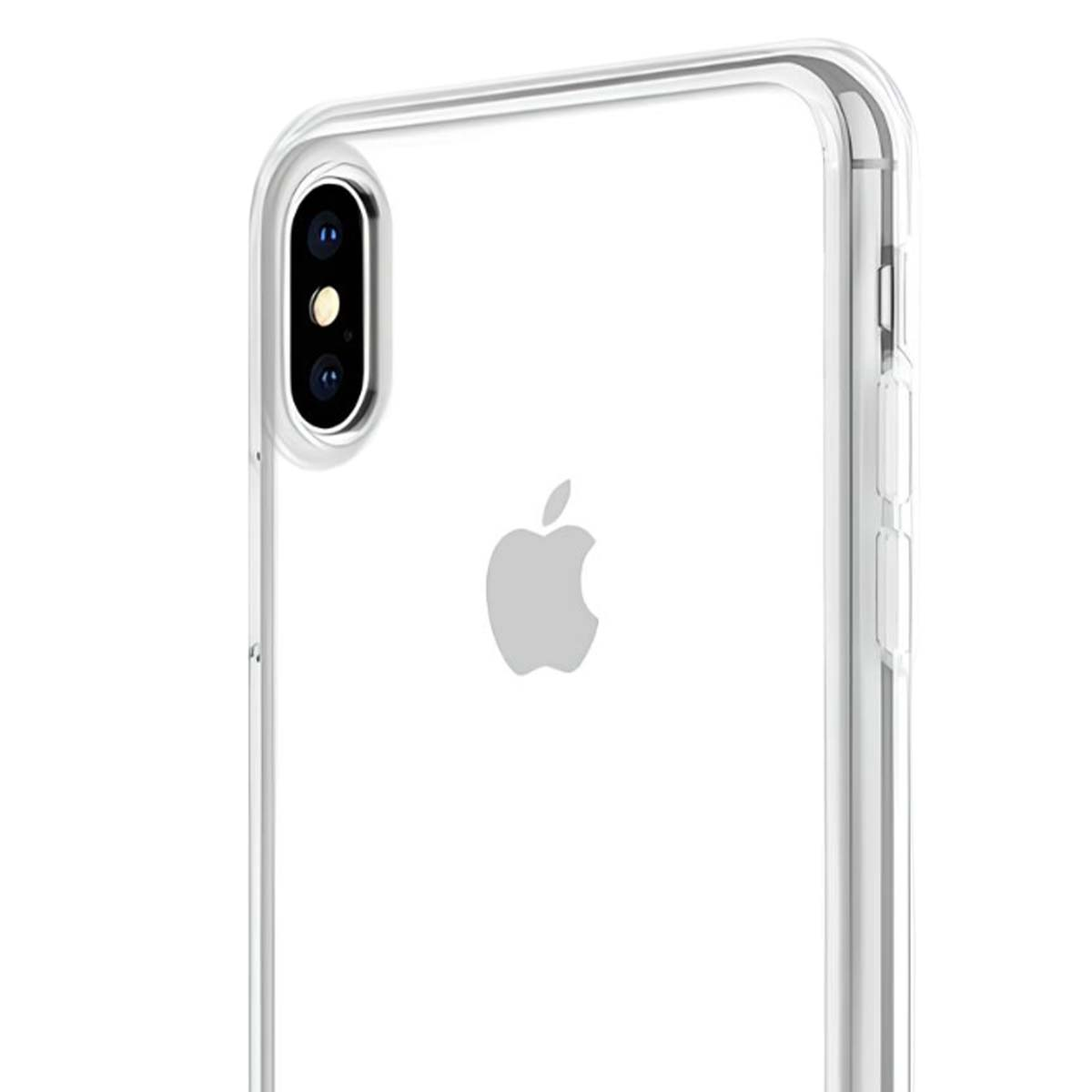 Primo piano di una cover trasparente per iPhone, che mostra le lenti della fotocamera e il logo Apple.