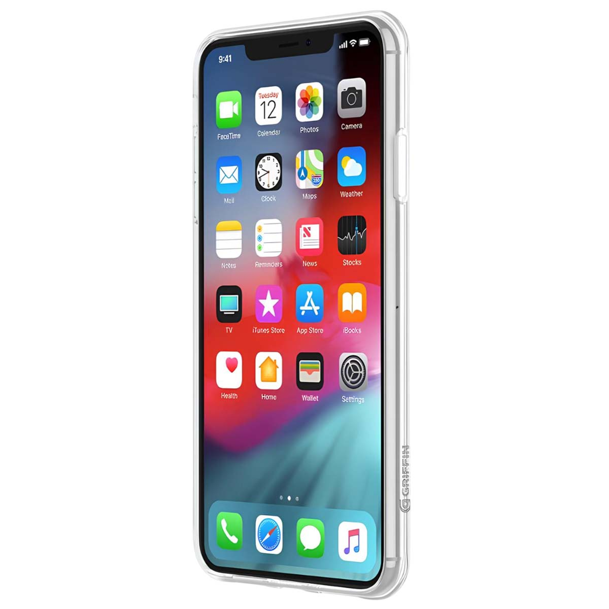 Custodia trasparente per iPhone che mostra app come Fotocamera, Foto, Mail e Impostazioni.