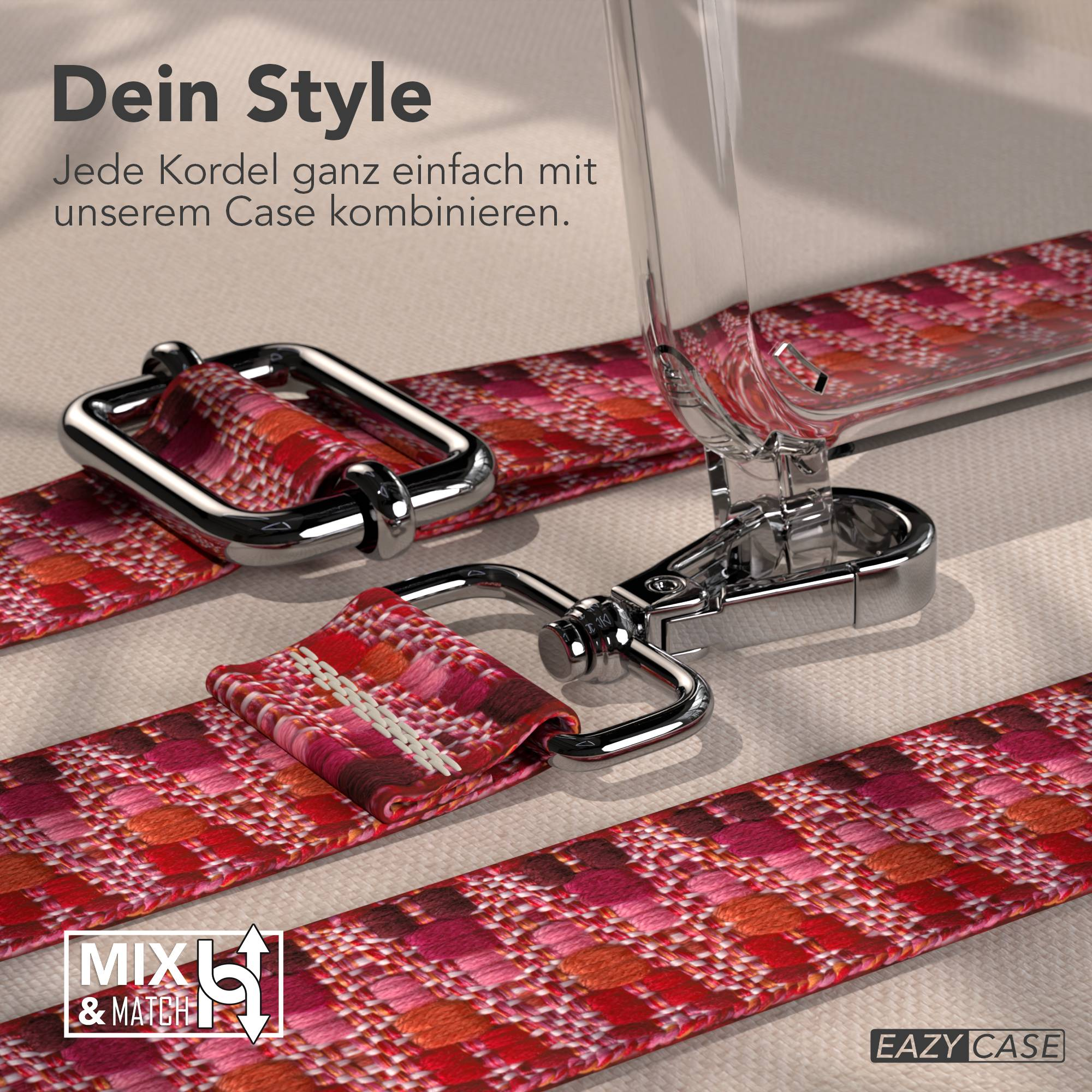 Ein rot-pink gemustertes Band mit silbernen Clips und einer Hülle.