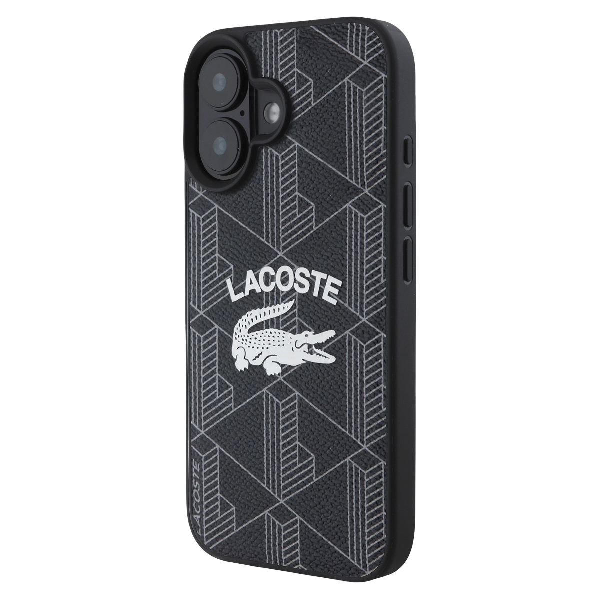 Custodia nera per telefono con logo Lacoste e motivo geometrico.