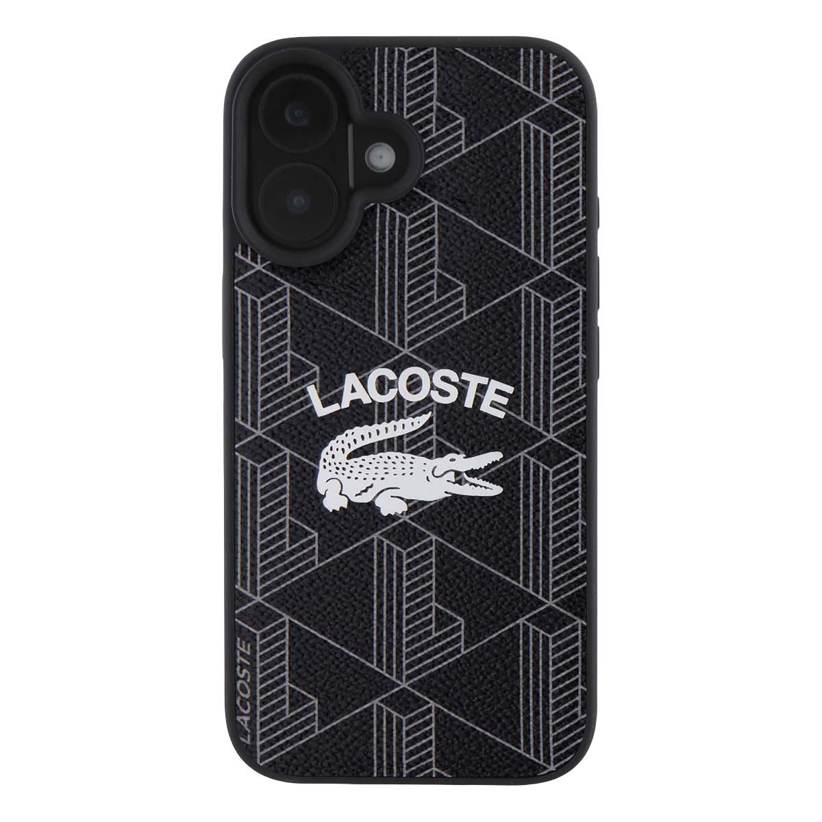 Custodia nera per telefono con motivo geometrico bianco e logo coccodrillo Lacoste.