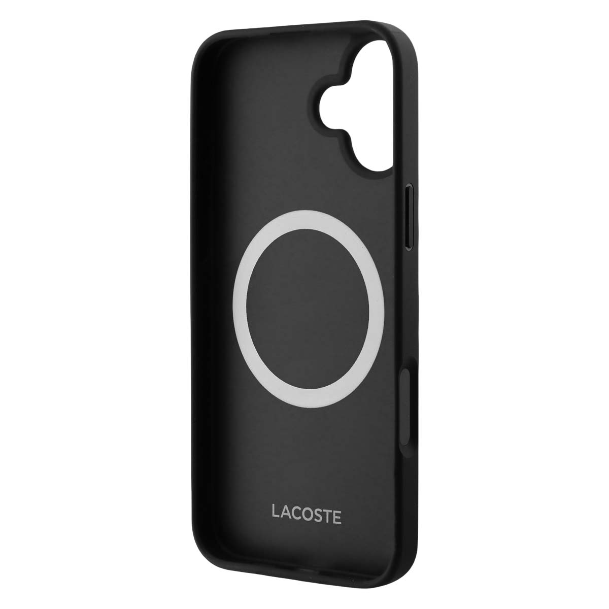 Custodia nera per telefono con cerchio bianco e logo Lacoste.