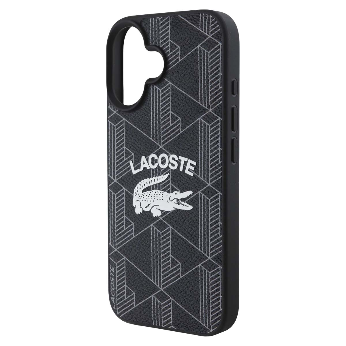 Custodia nera per telefono con motivo geometrico e logo coccodrillo Lacoste.