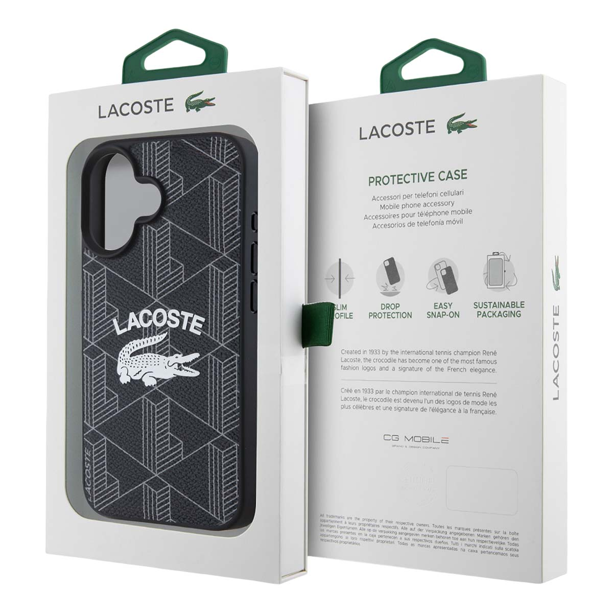 Confezione custodia Lacoste con logo coccodrillo e motivo geometrico.