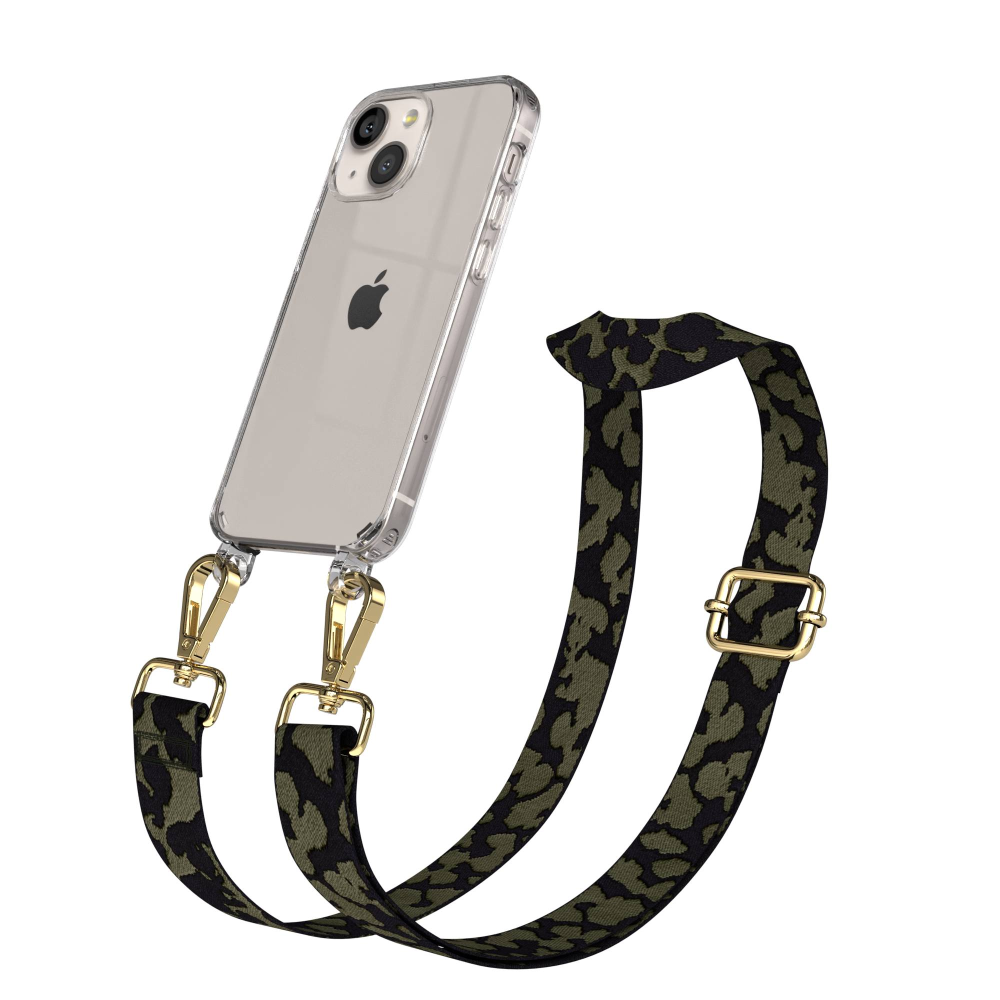 Transparente Hülle mit Camouflage-Gurt und goldenen Clips.