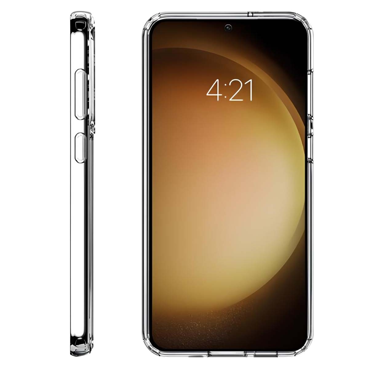 Cover trasparente per telefono mostrata frontalmente e lateralmente. La parte anteriore mostra le 4:21 su gradiente marrone.