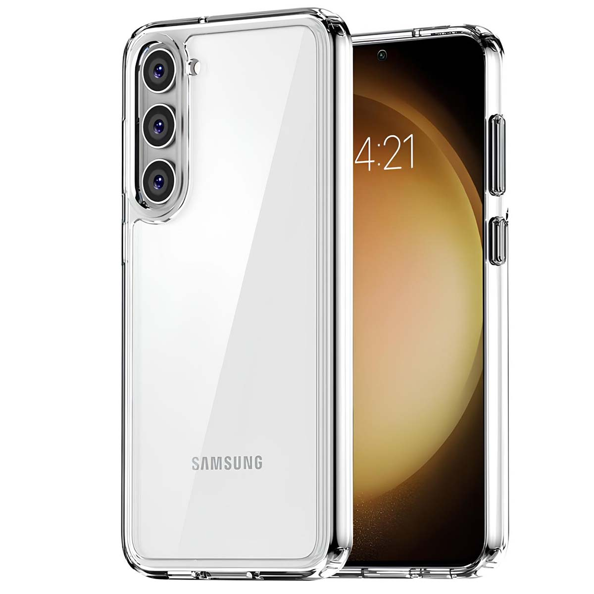 Una custodia protettiva trasparente racchiude uno smartphone che mostra le 4:21.