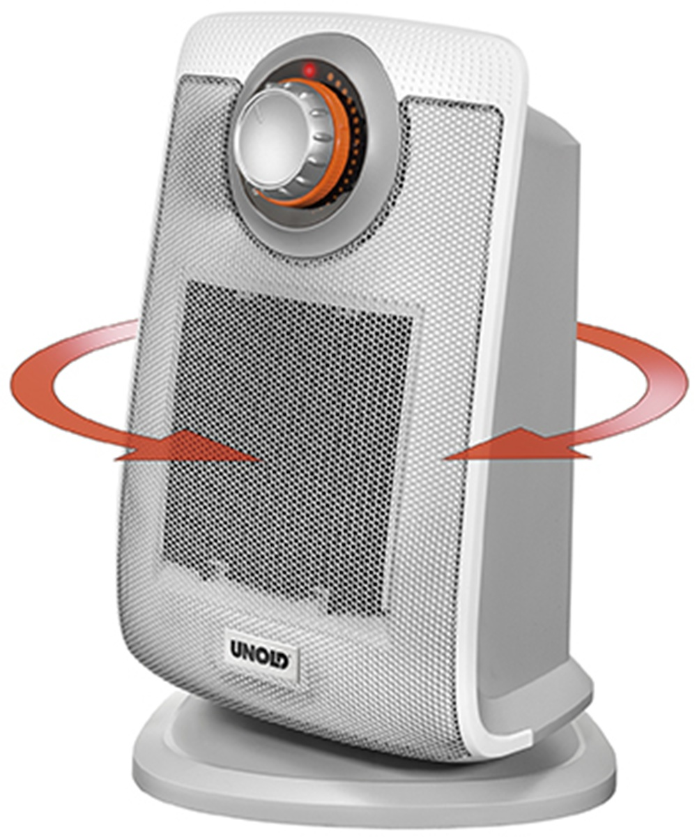 Een witte UNOLD ventilatorkachel met draaiknop en rode pijlen die luchtstroom aangeven.