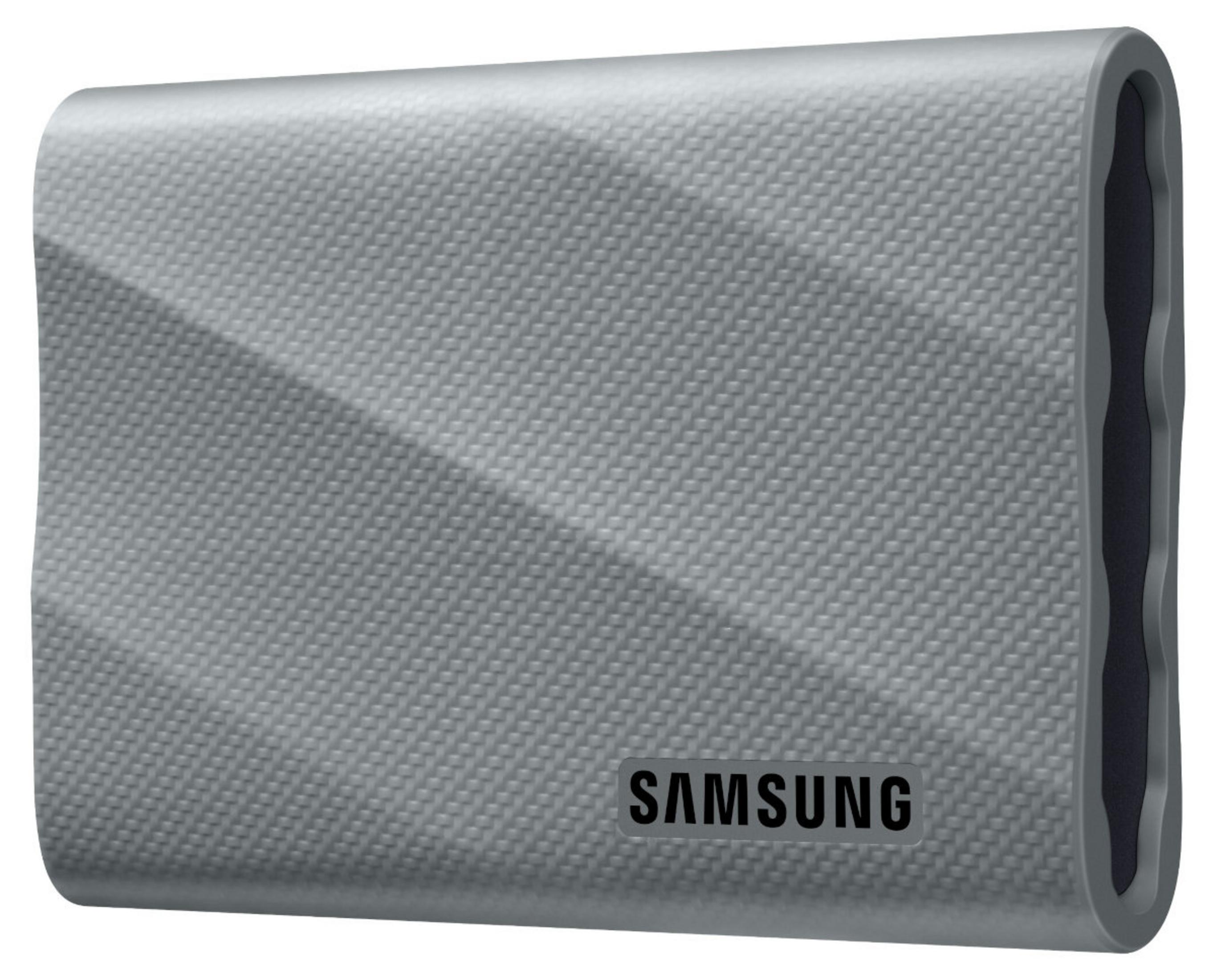 Un SSD portatile Samsung grigio con superficie testurizzata e interno nero.