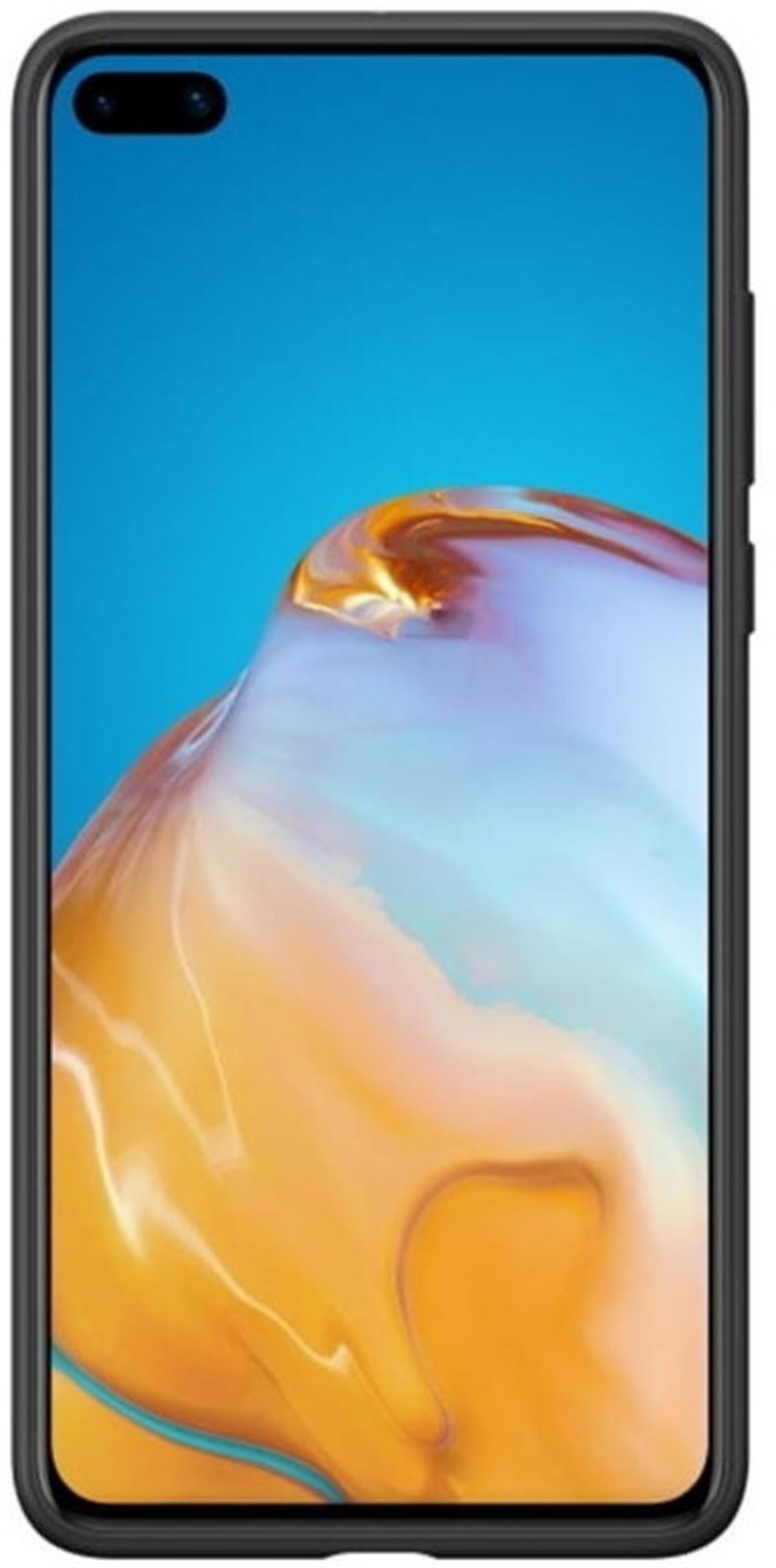 Uno smartphone nero con schermo blu e design astratto sfumato arancione.