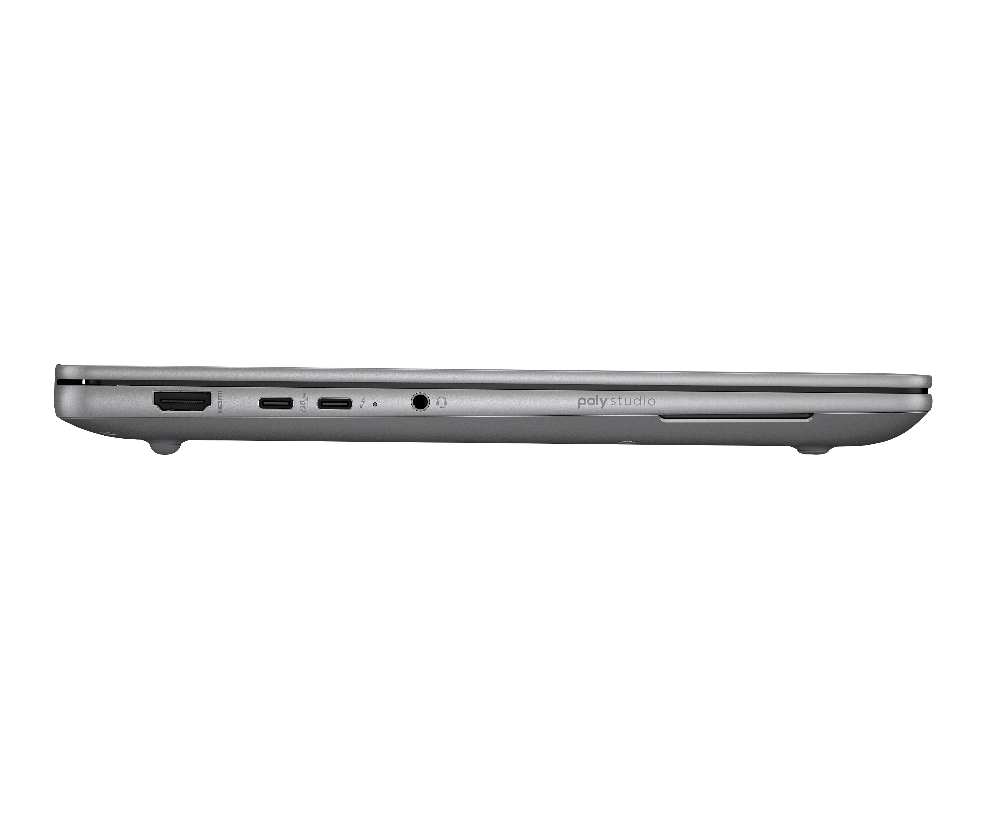 Vista laterale di un laptop grigio con porte HDMI, USB-C, cuffie e logo 'poly studio'.