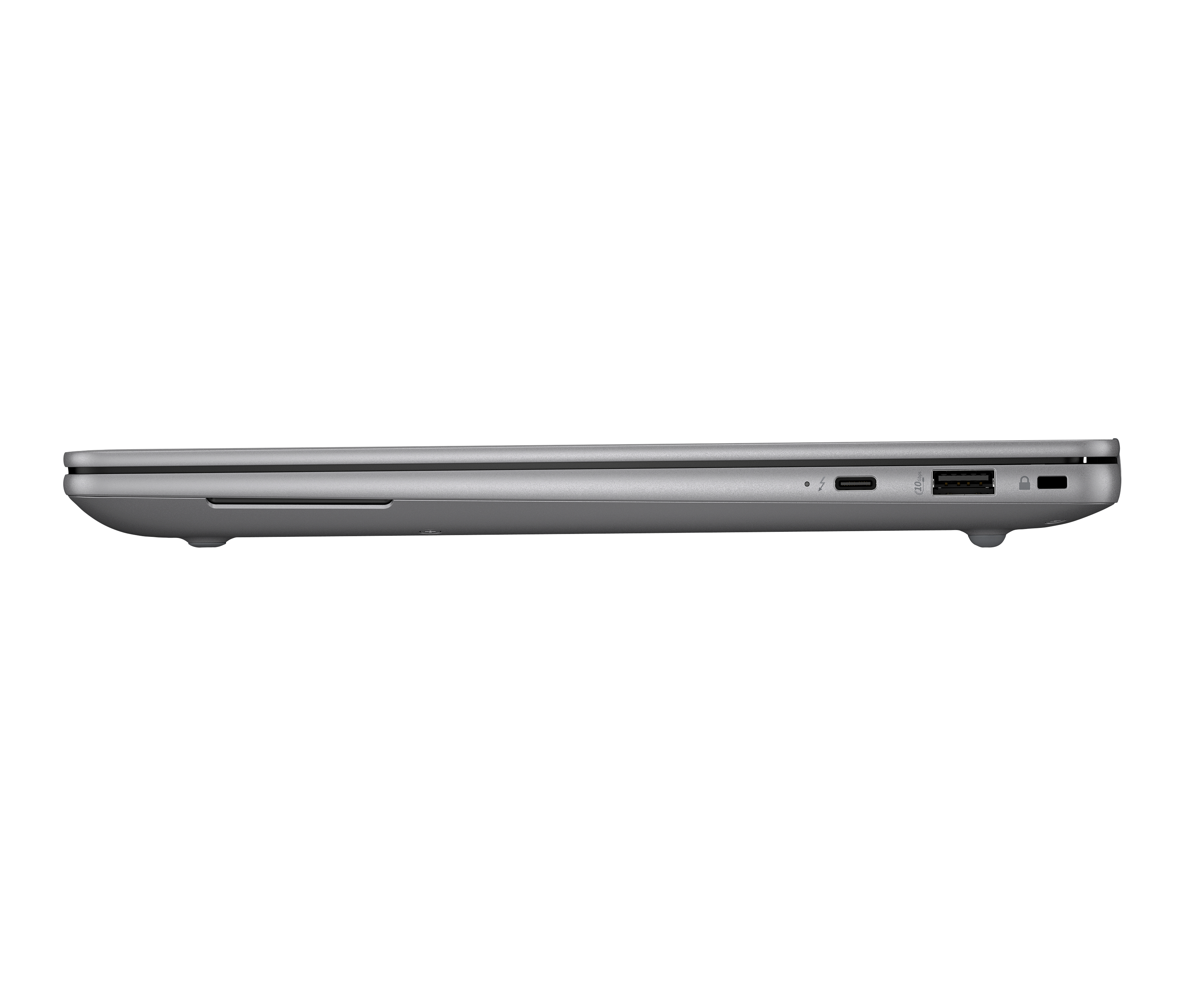 Vista laterale di un laptop argentato chiuso, che mostra le porte: USB-C, USB-A e slot di blocco.