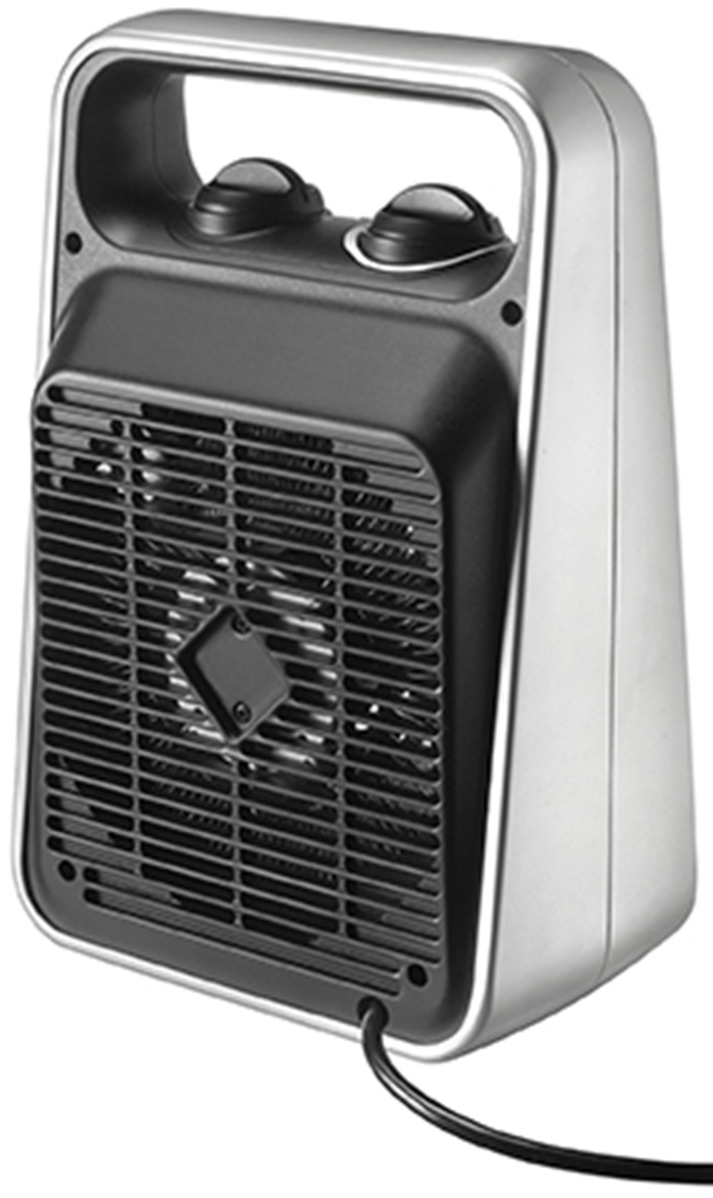 Przenośny grzejnik elektryczny z srebrną ramą i czarną kratką ma dwa czarne pokrętła na górze.