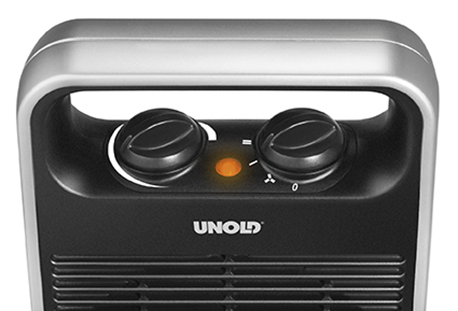 Zbliżenie czarnego grzejnika UNOLD z srebrnym wykończeniem, dwoma czarnymi pokrętłami i pomarańczową kontrolką.