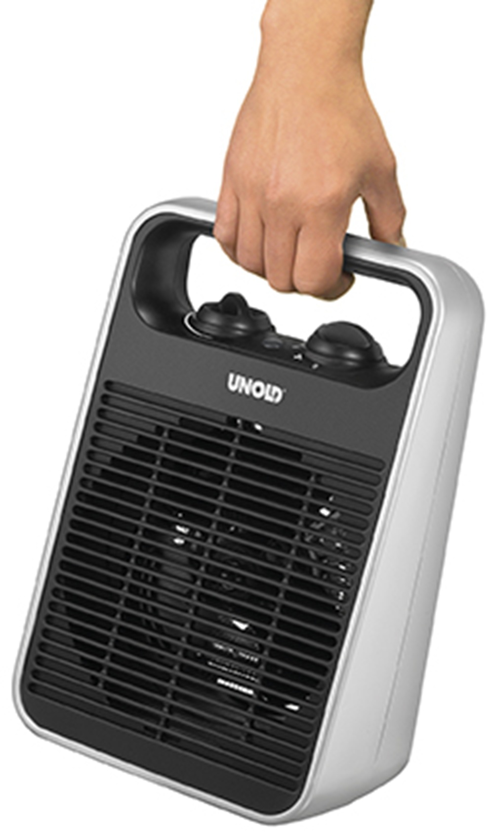 Ręka trzyma biało-czarny grzejnik z wentylatorem i otworami wentylacyjnymi.