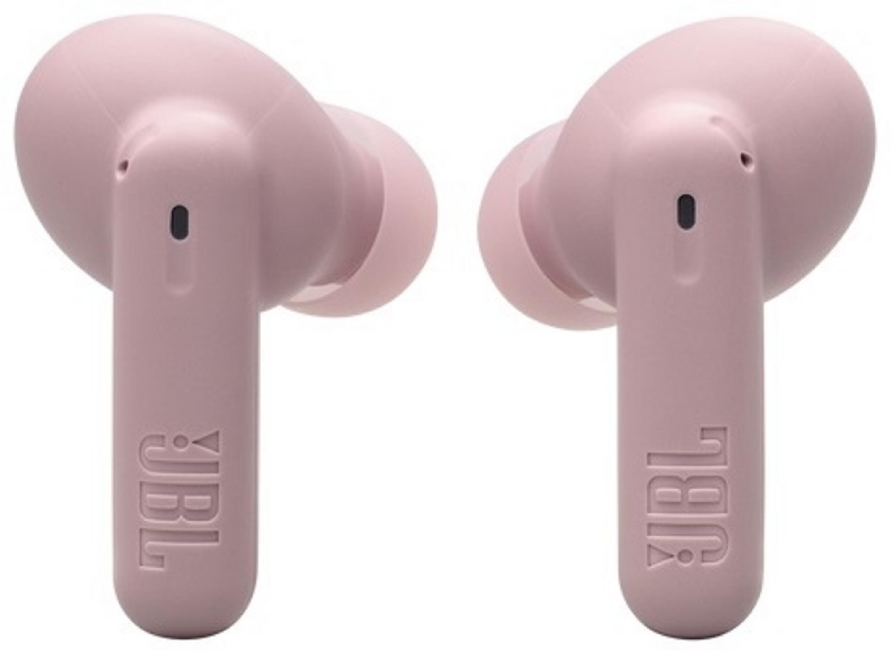 Due auricolari wireless JBL rosa sono mostrati su sfondo bianco. Il logo JBL è visibile su ciascuno.