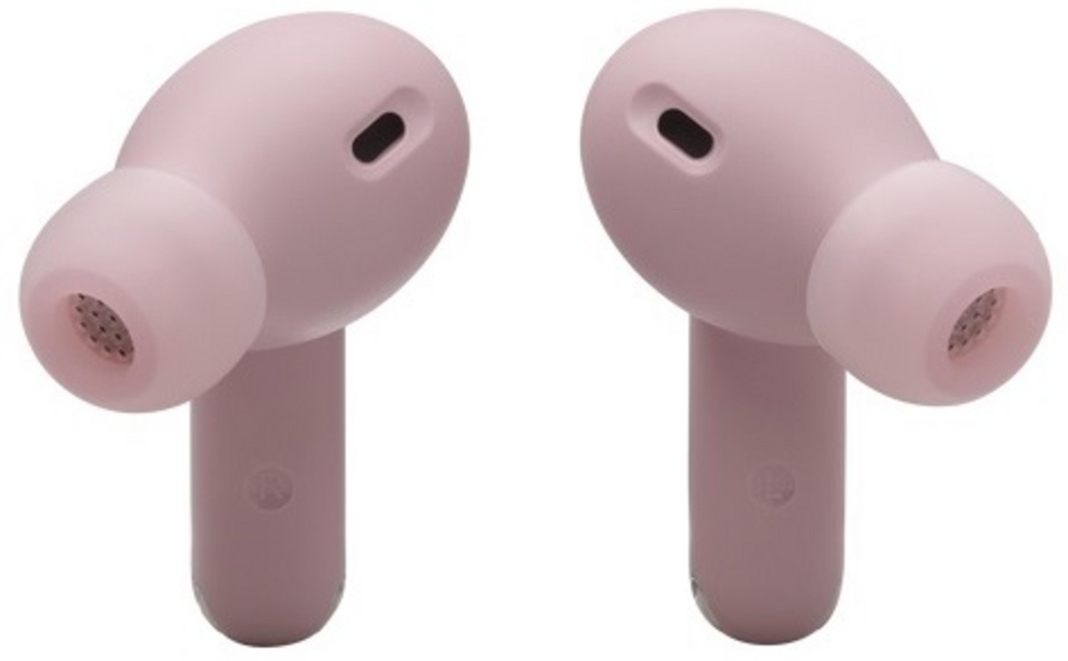 Due auricolari rosa con stelo su sfondo bianco.