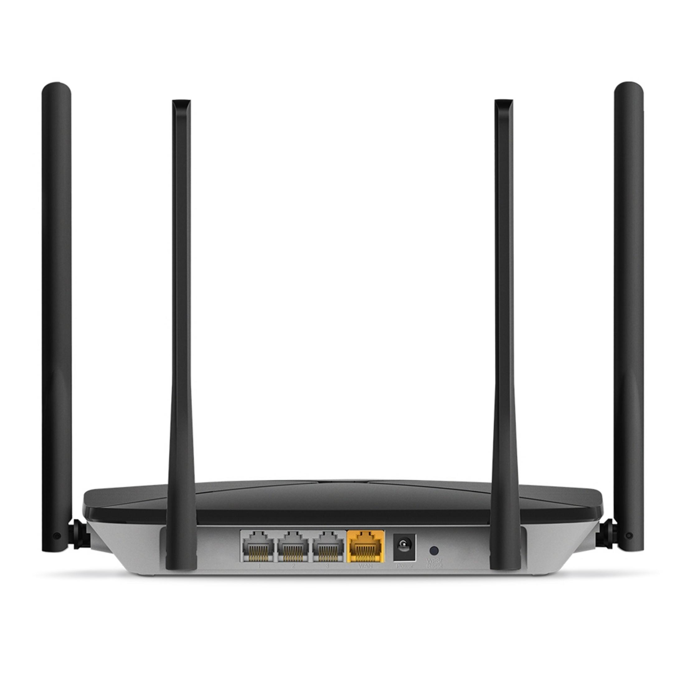 Een zwart-grijze router met vier antennes, drie LAN-poorten en één WAN-poort.