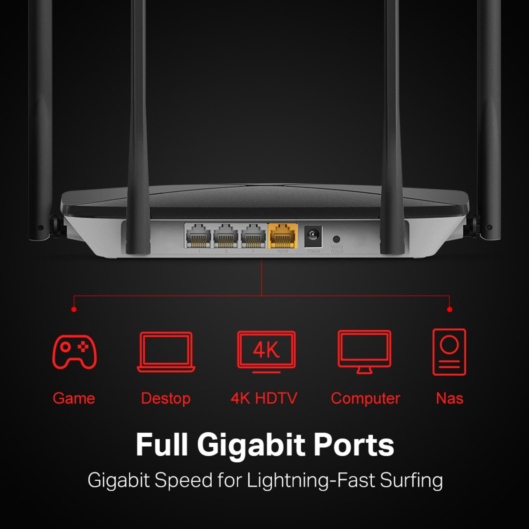 Router met vier LAN-poorten, WAN, Voeding en WPS/Reset.