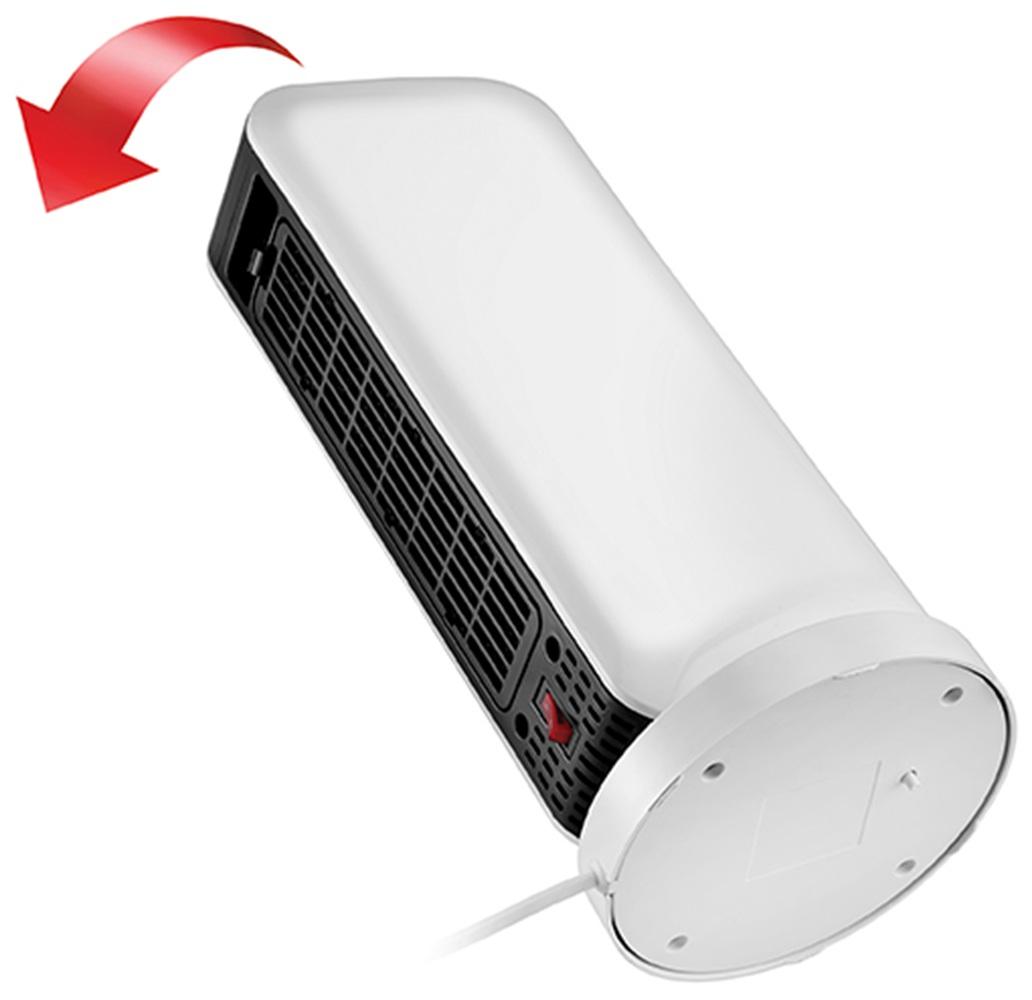 Biały wentylator wieżowy z czerwoną strzałką wskazującą obrót.