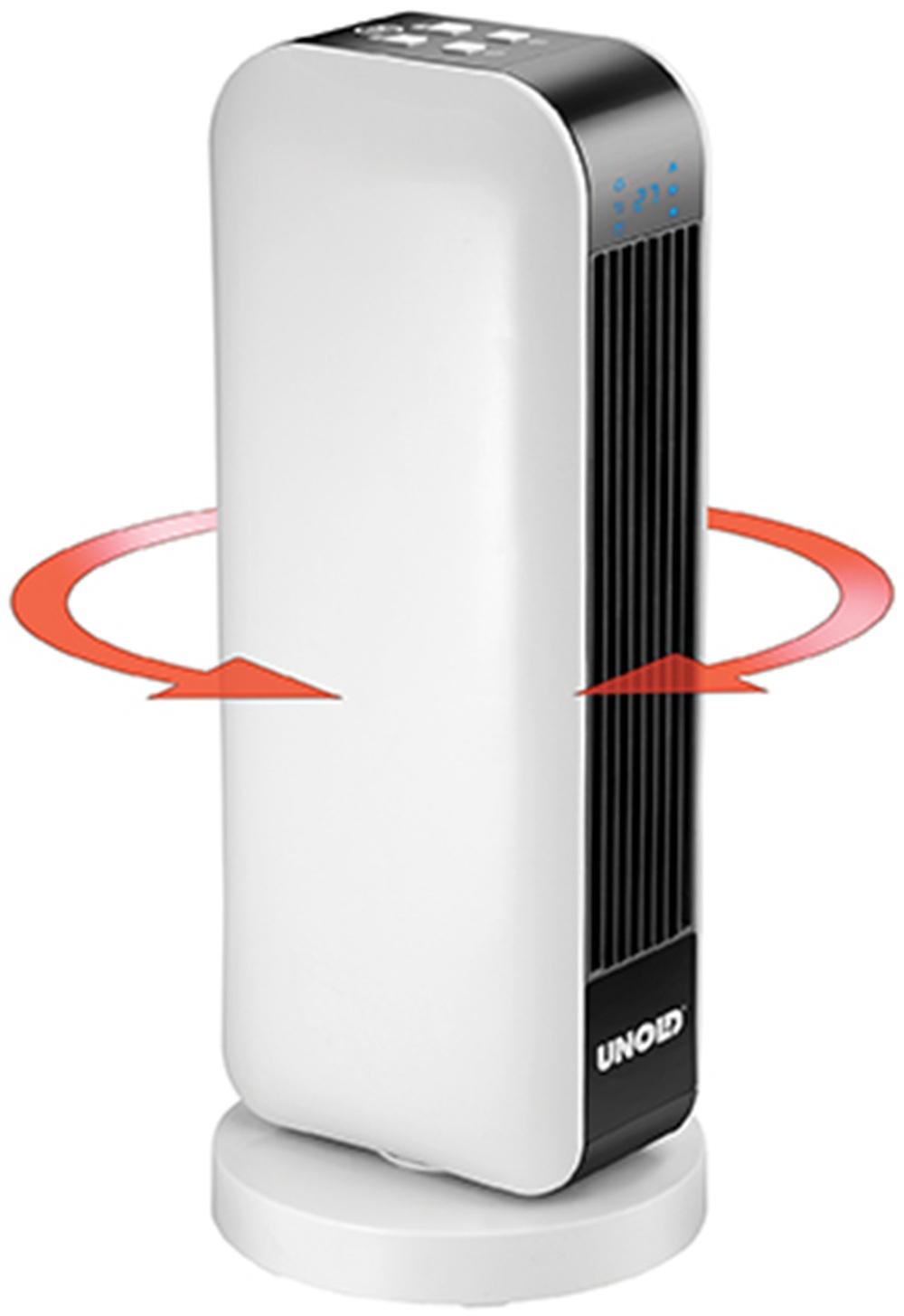 Ein weißer Unoid Turmventilator mit schwarzen Lüftungsschlitzen und Digitalanzeige, zeigt Rotation.