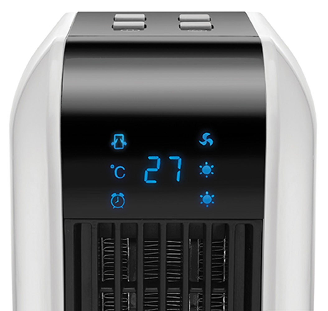 Zbliżenie cyfrowego wyświetlacza pokazującego 27°C i ikony.