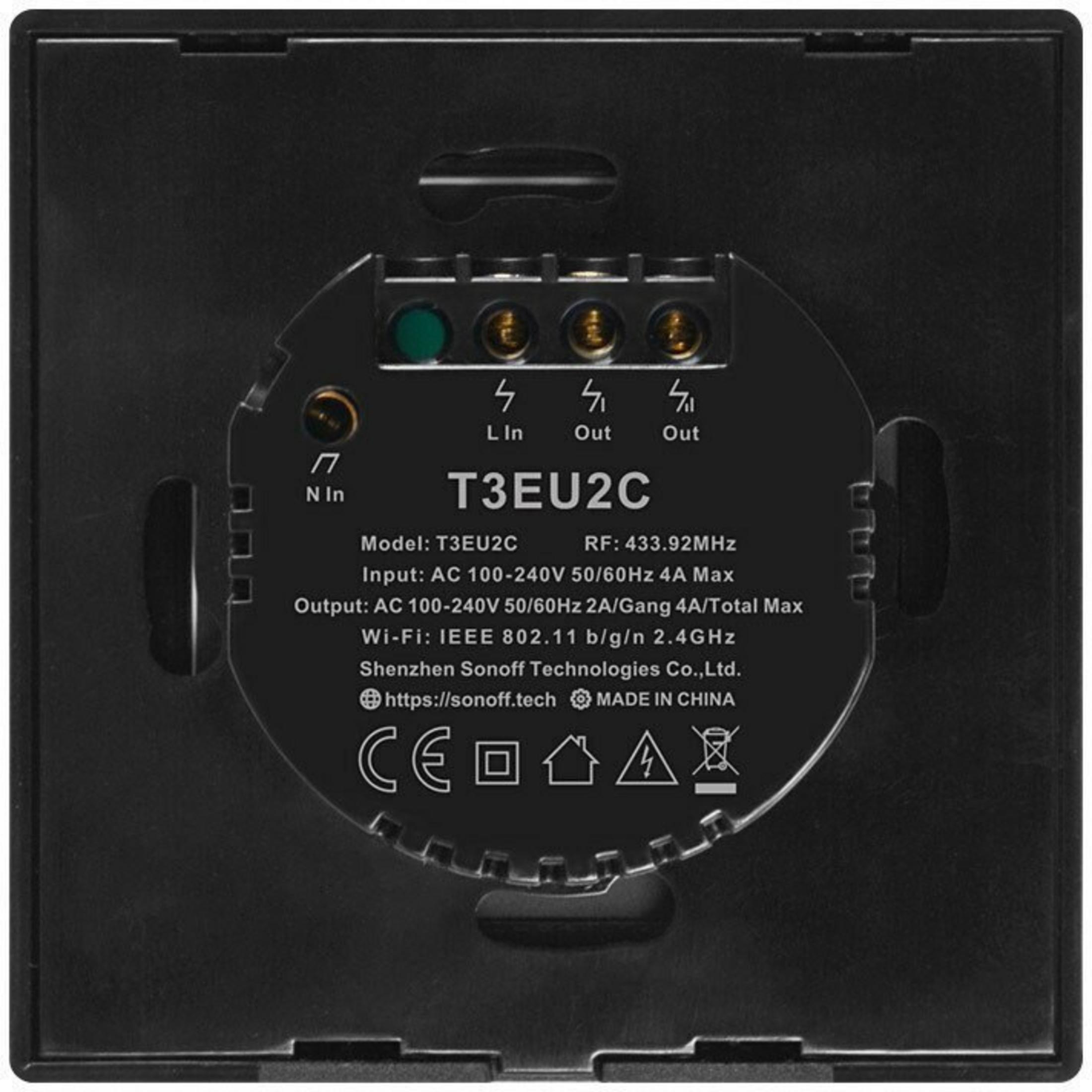 Tył czarnego przełącznika Sonoff T3EU2C z zaciskami i specyfikacjami technicznymi.