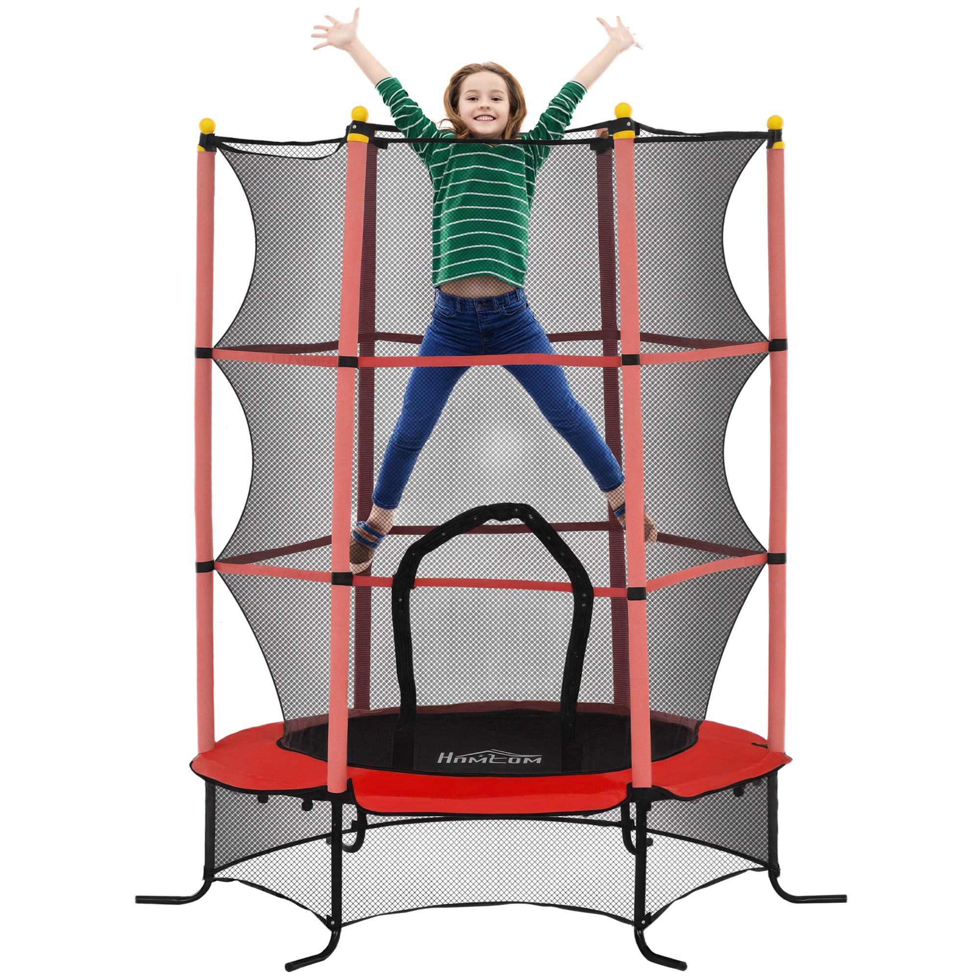 Una bambina salta su un trampolino con telaio rosso e rete di sicurezza.