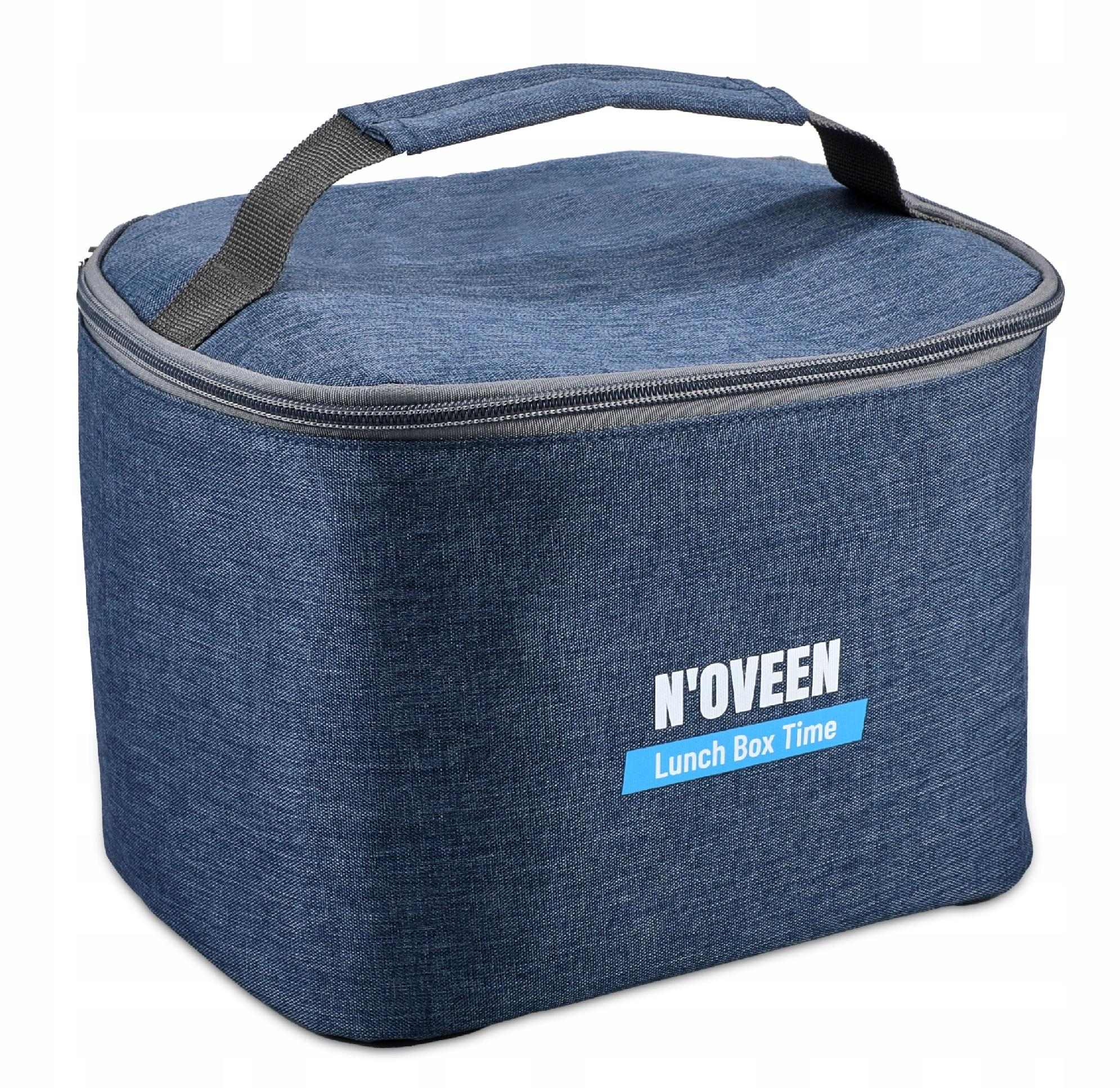 Niebieska torba na lunch z uchwytem i zamkiem. Napis: N'OVEEEN Lunch Box Time.