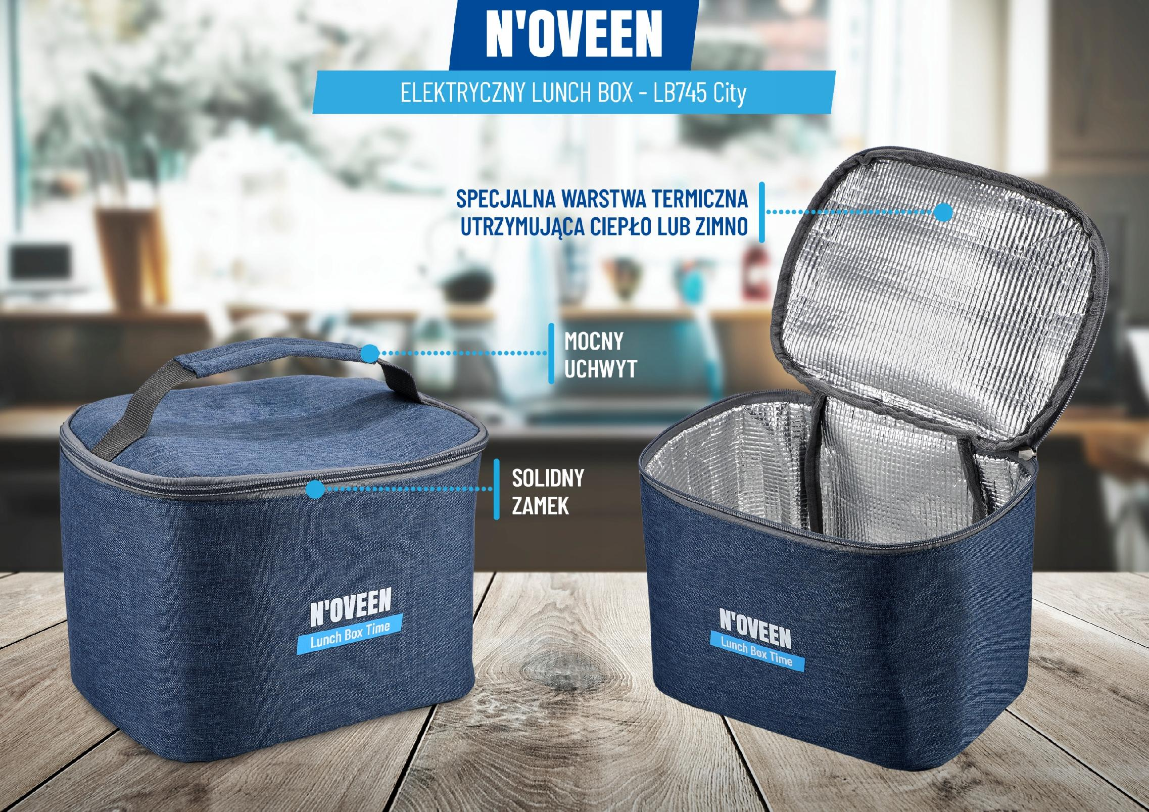 Dwie niebieskie torby na lunch na drewnianym stole, jedna otwarta z srebrnym wnętrzem.