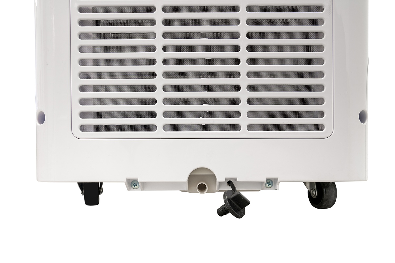 Biały klimatyzator z kratką wentylacyjną i kółkami, ze spustem.