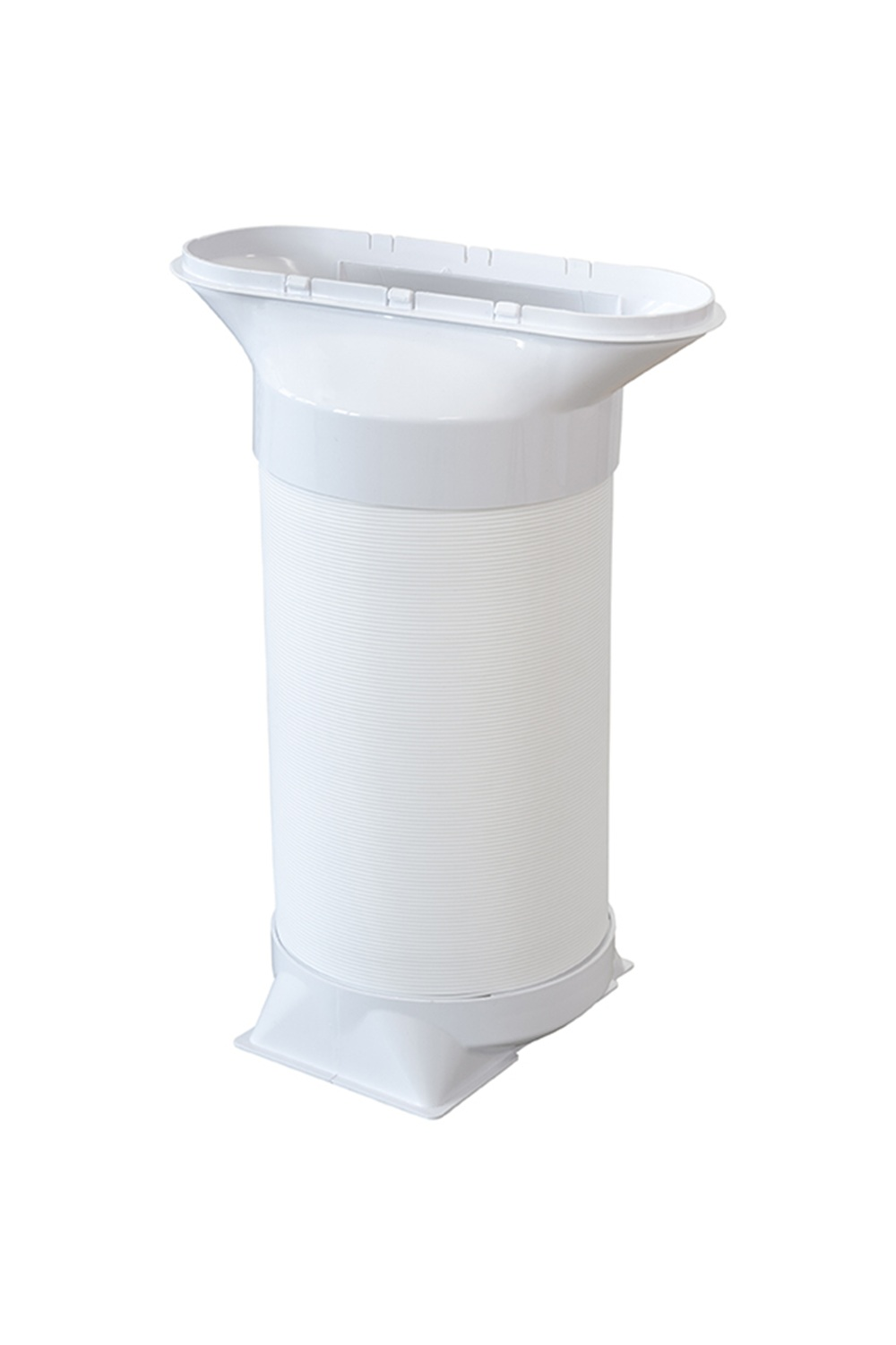 Biały, elastyczny wąż z owalnym górnym złączem i kwadratową podstawą.