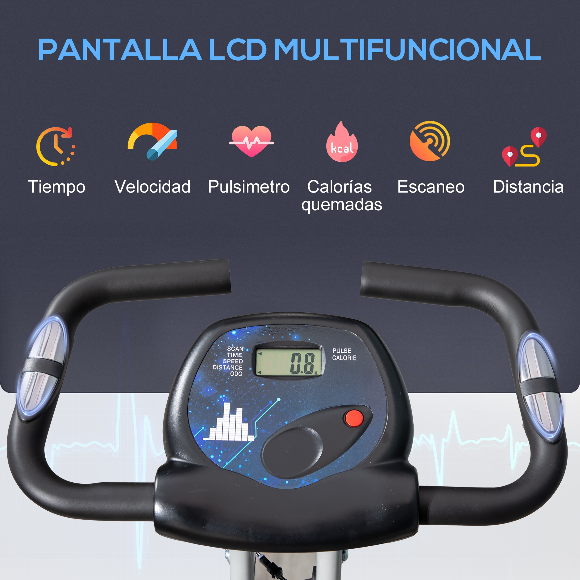 Pantalla LCD multifuncional con iconos de tiempo, velocidad, pulso, calorías, escaneo, distancia.
