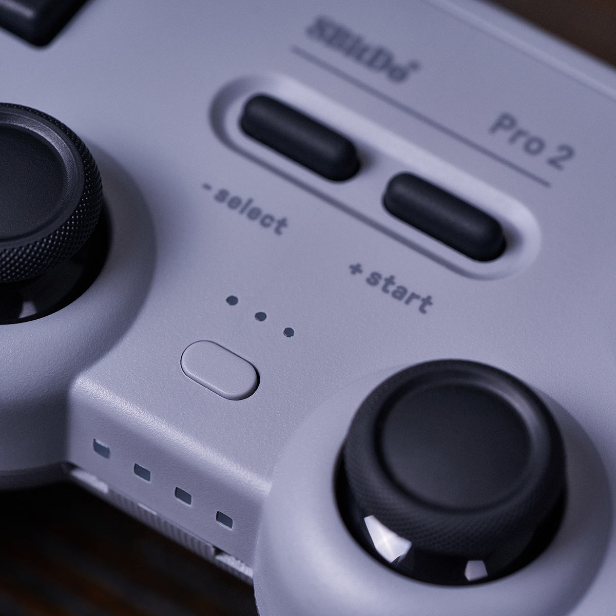 Grauer Controller mit schwarzen Joysticks und Tasten, "Pro 2" Beschriftung.