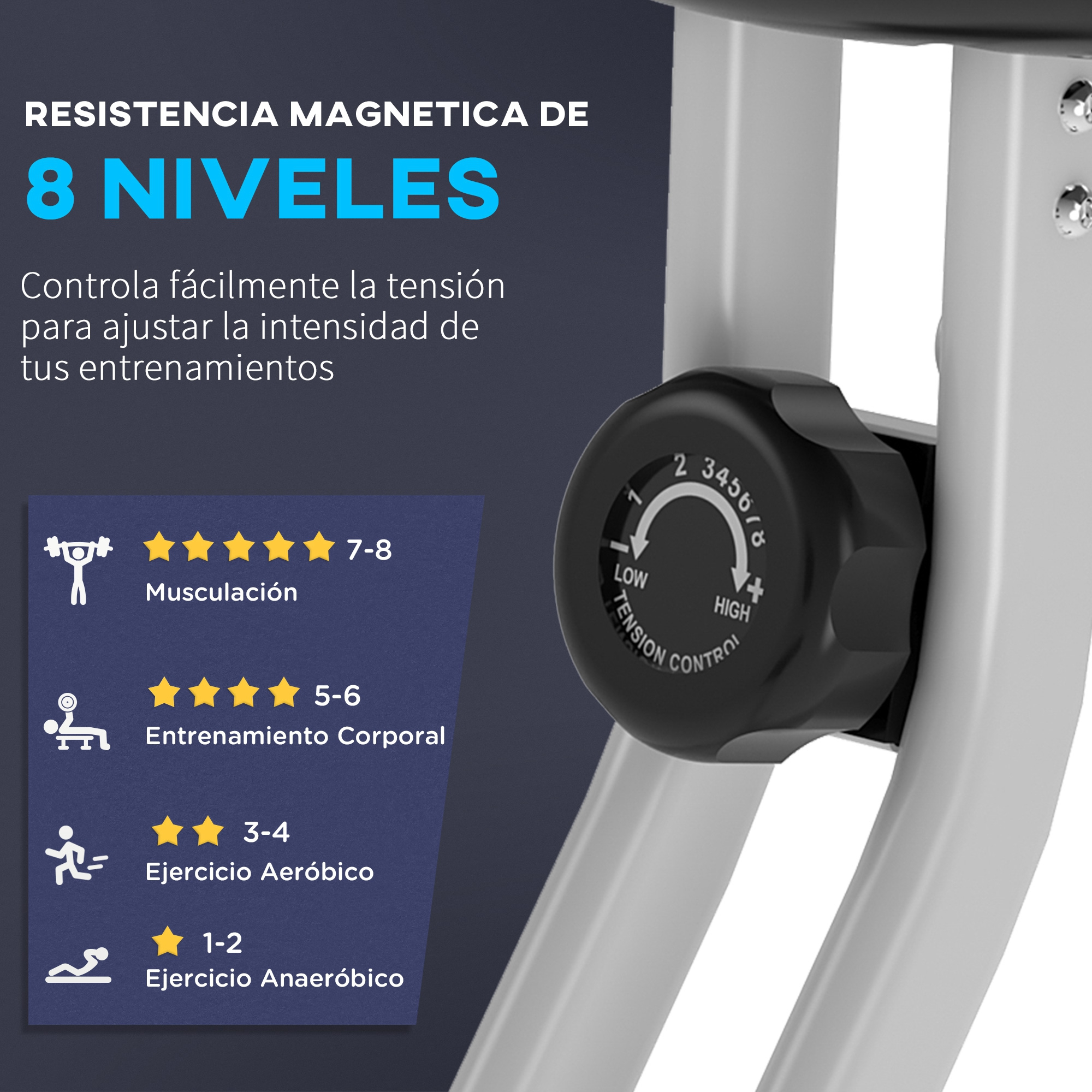 Perilla de resistencia de máquina de ejercicio con 8 niveles y tipos de entrenamiento.