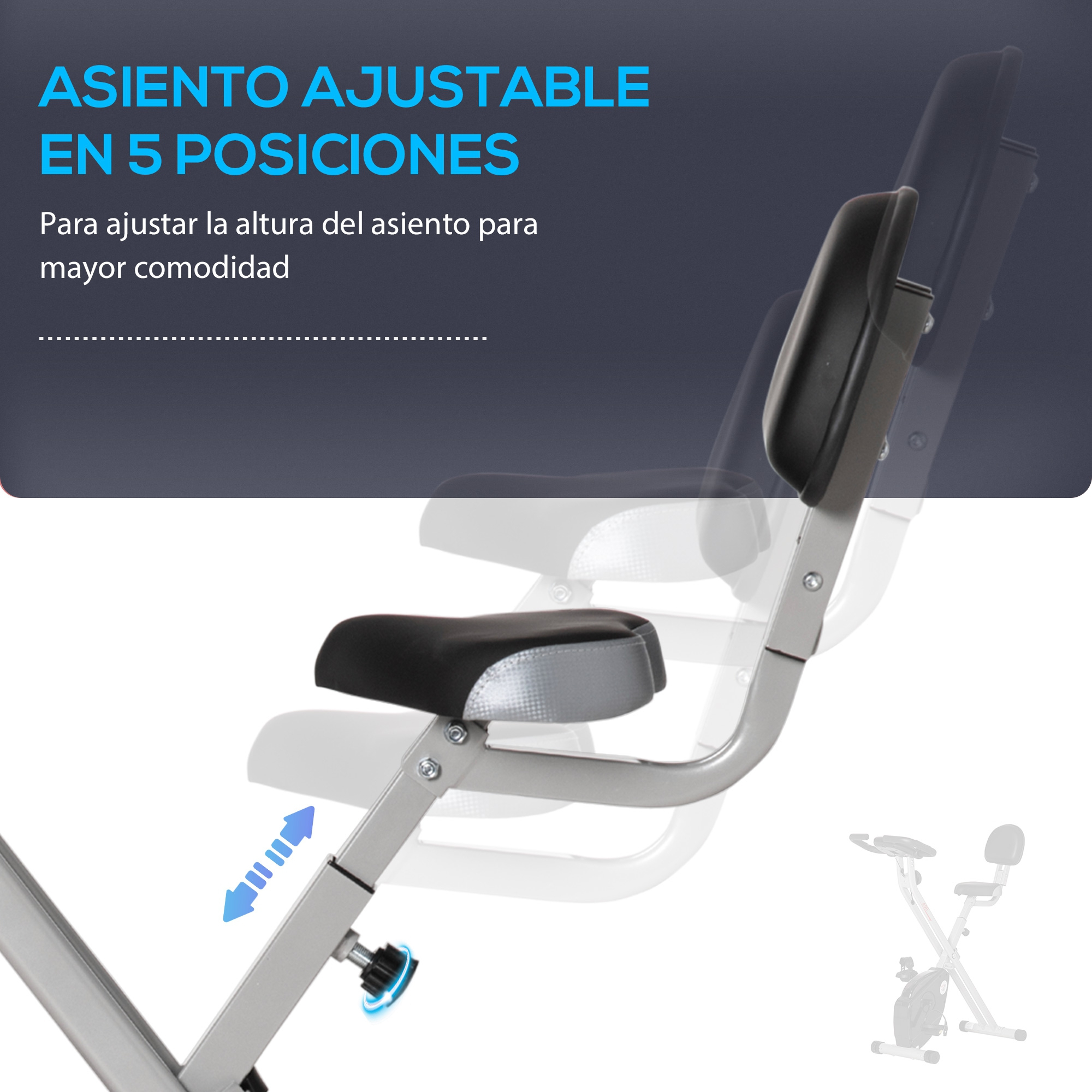 Asiento ajustable en 5 posiciones, con flechas indicando ajuste de altura.