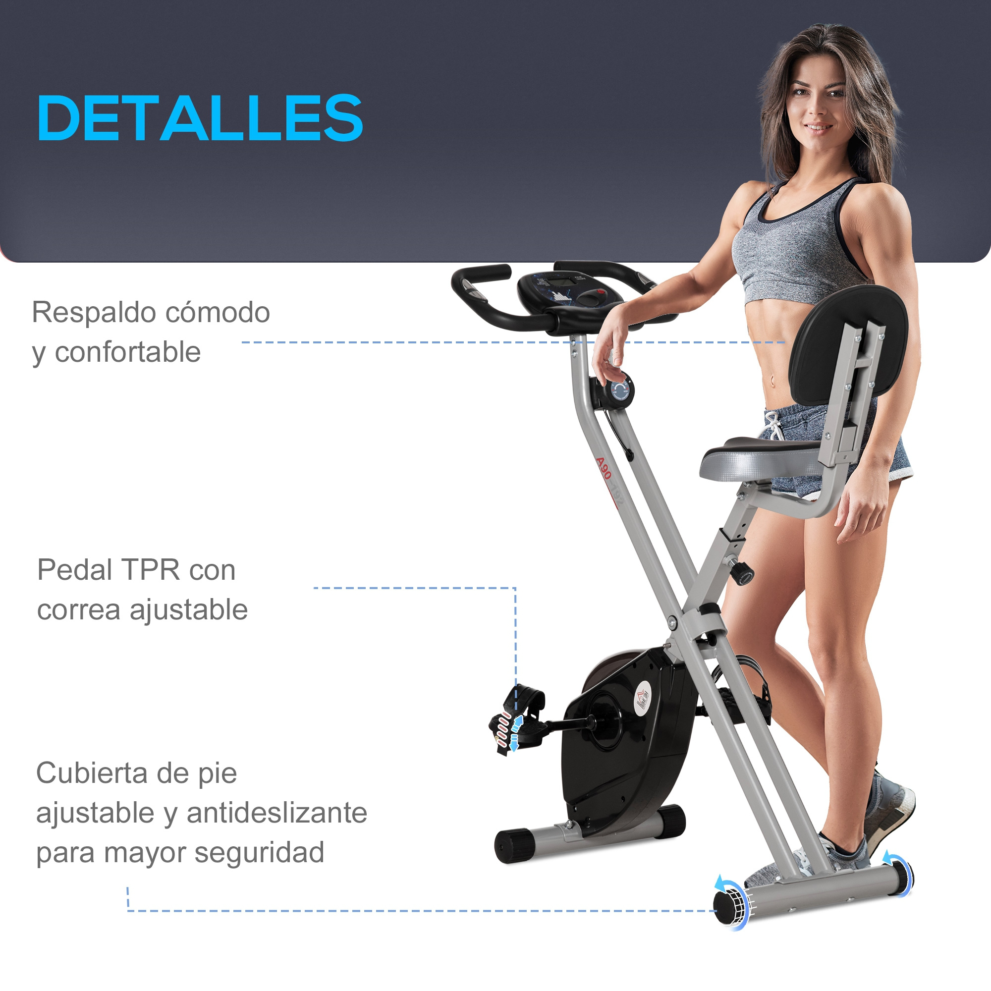Una mujer está junto a una bicicleta estática con asiento cómodo y pedales ajustables.