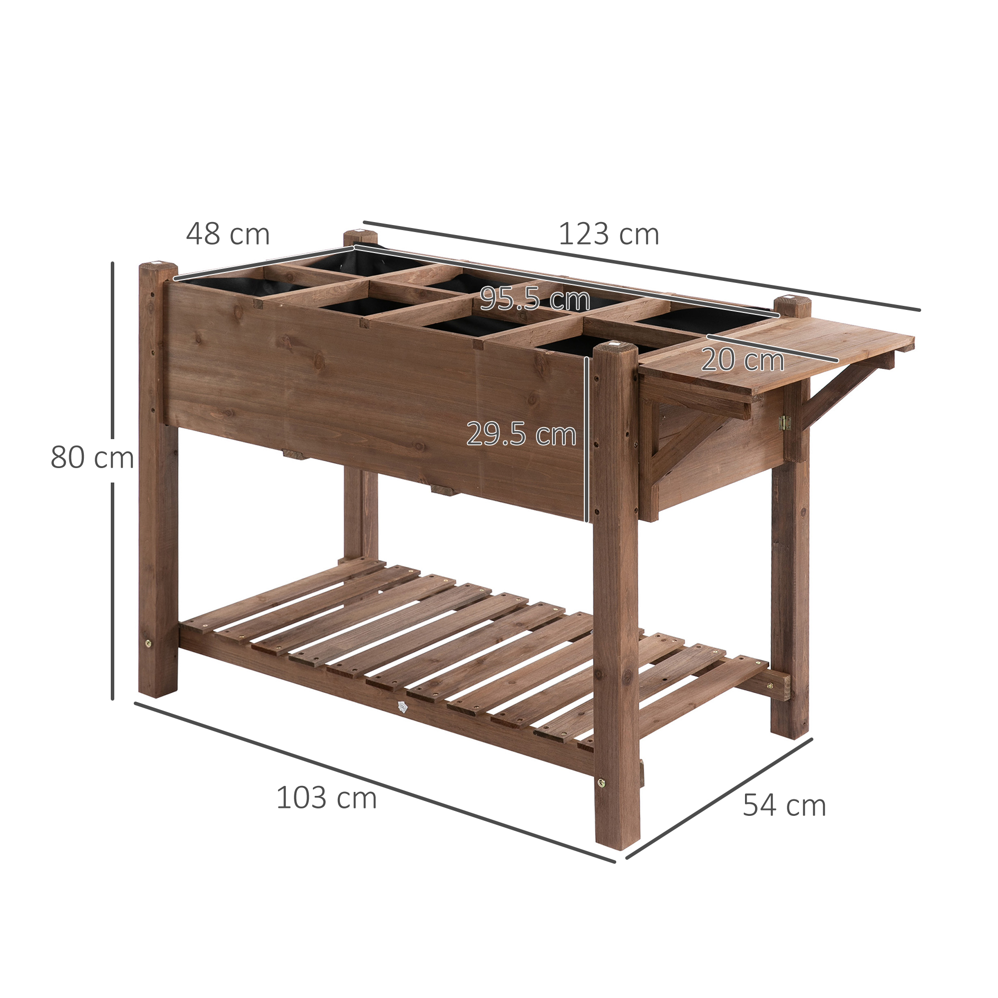 Fioriera in legno con mensola. Dimensioni: 123x48x80 cm. Cassetta interna: 95,5x29,5 cm.