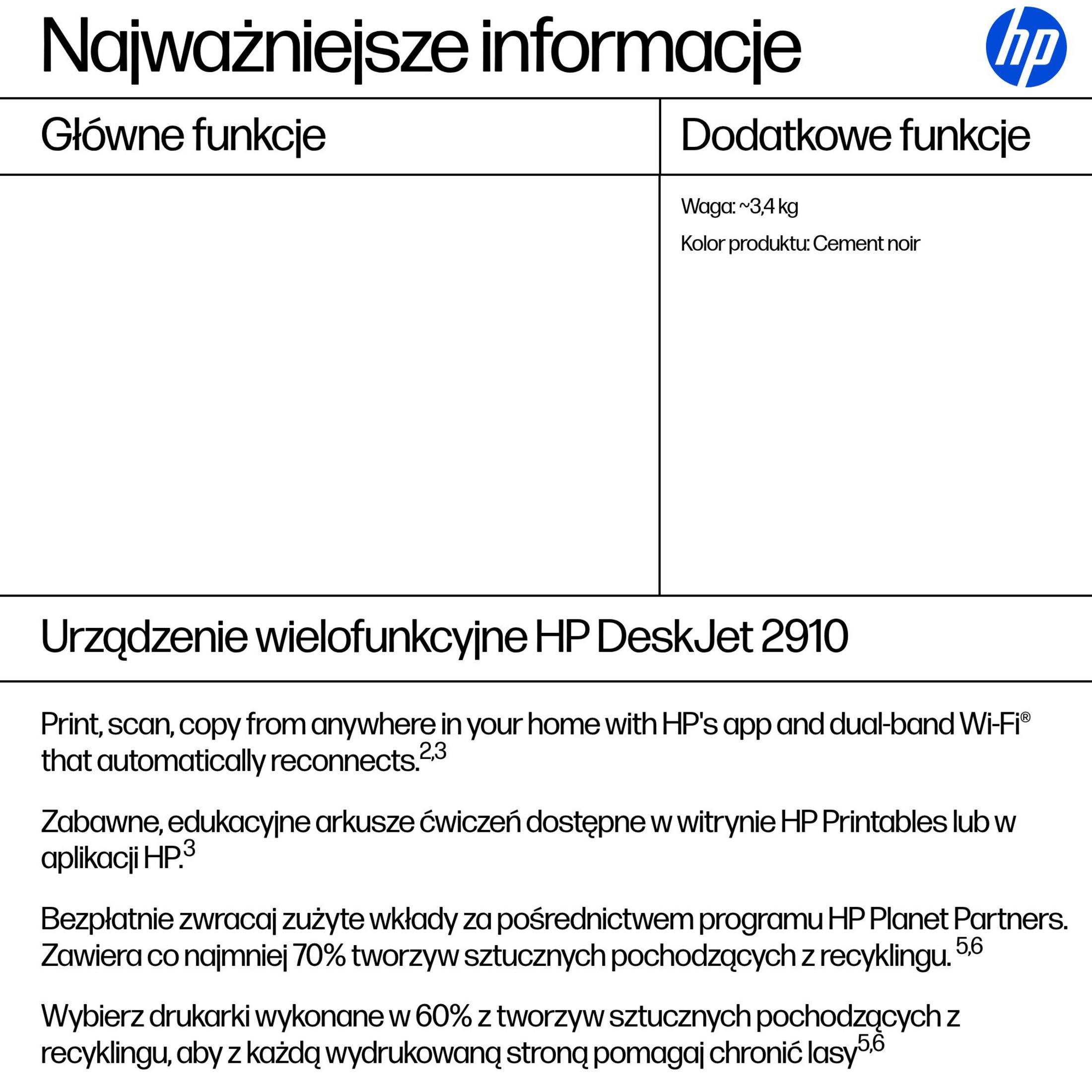 HP DeskJet 2910 Druckerinfo: Drucken, Scannen, Kopieren, WLAN, recycelte Materialien.