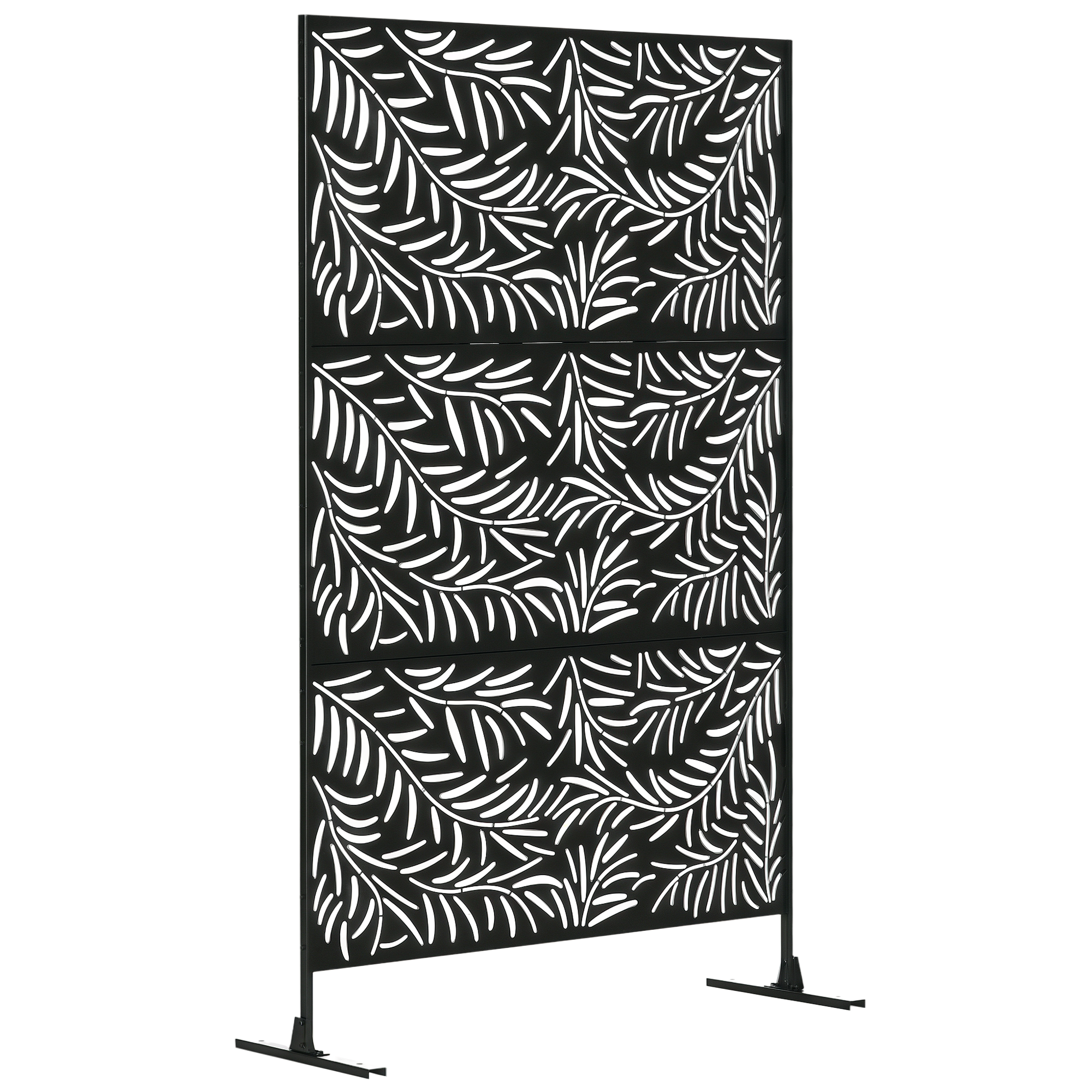 Un paravento decorativo nero con motivo a foglie su sfondo bianco.