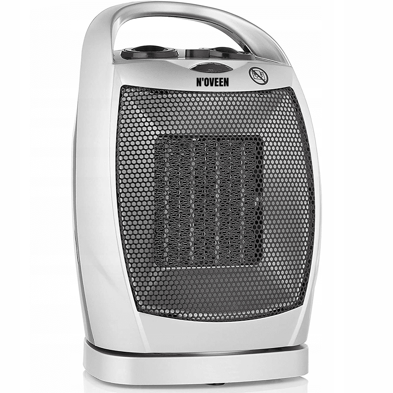 Biały przenośny grzejnik N'oveen z czarną siatkową kratką i srebrną rączką.