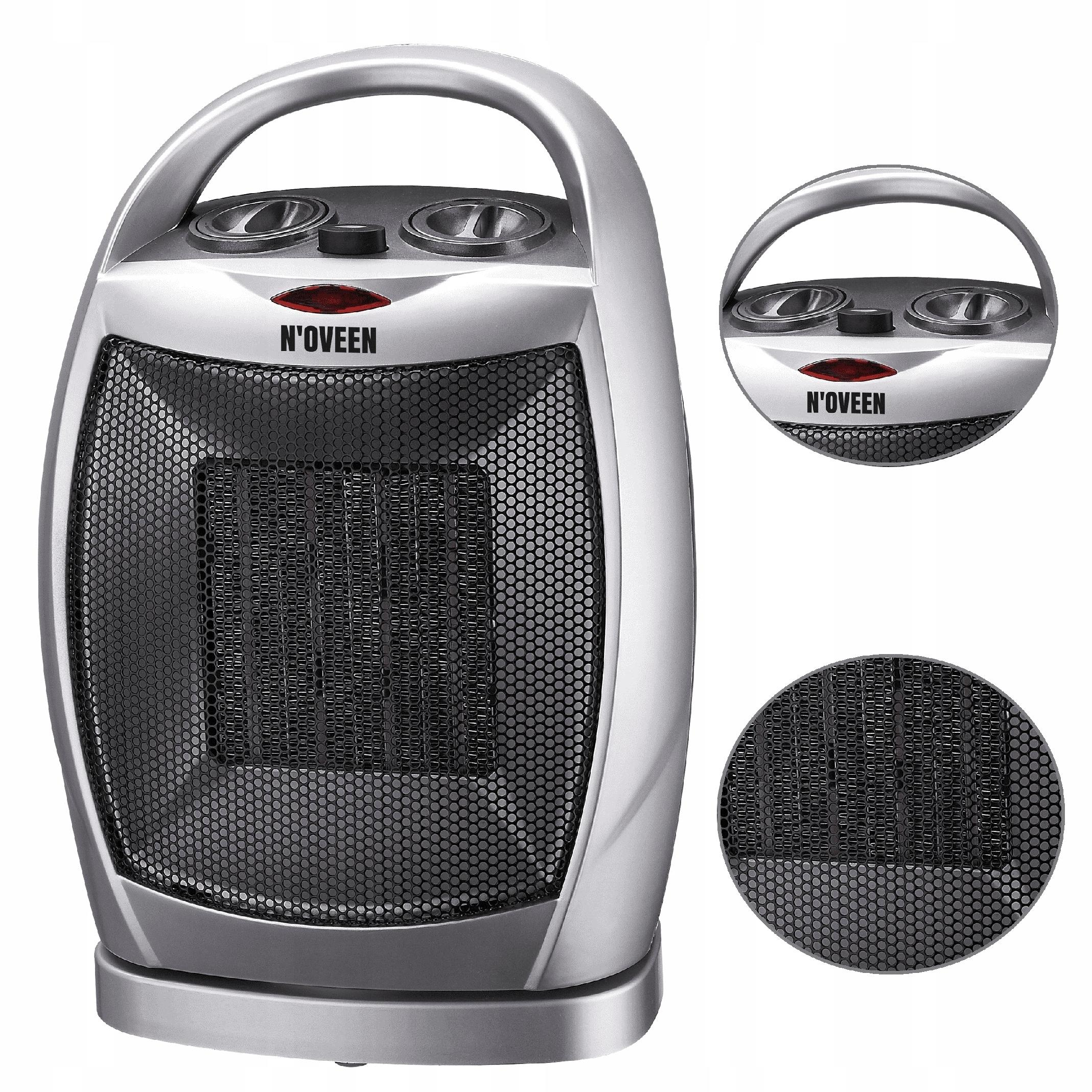 Srebrny grzejnik przenośny z uchwytem, otworami wentylacyjnymi i pokrętłami.