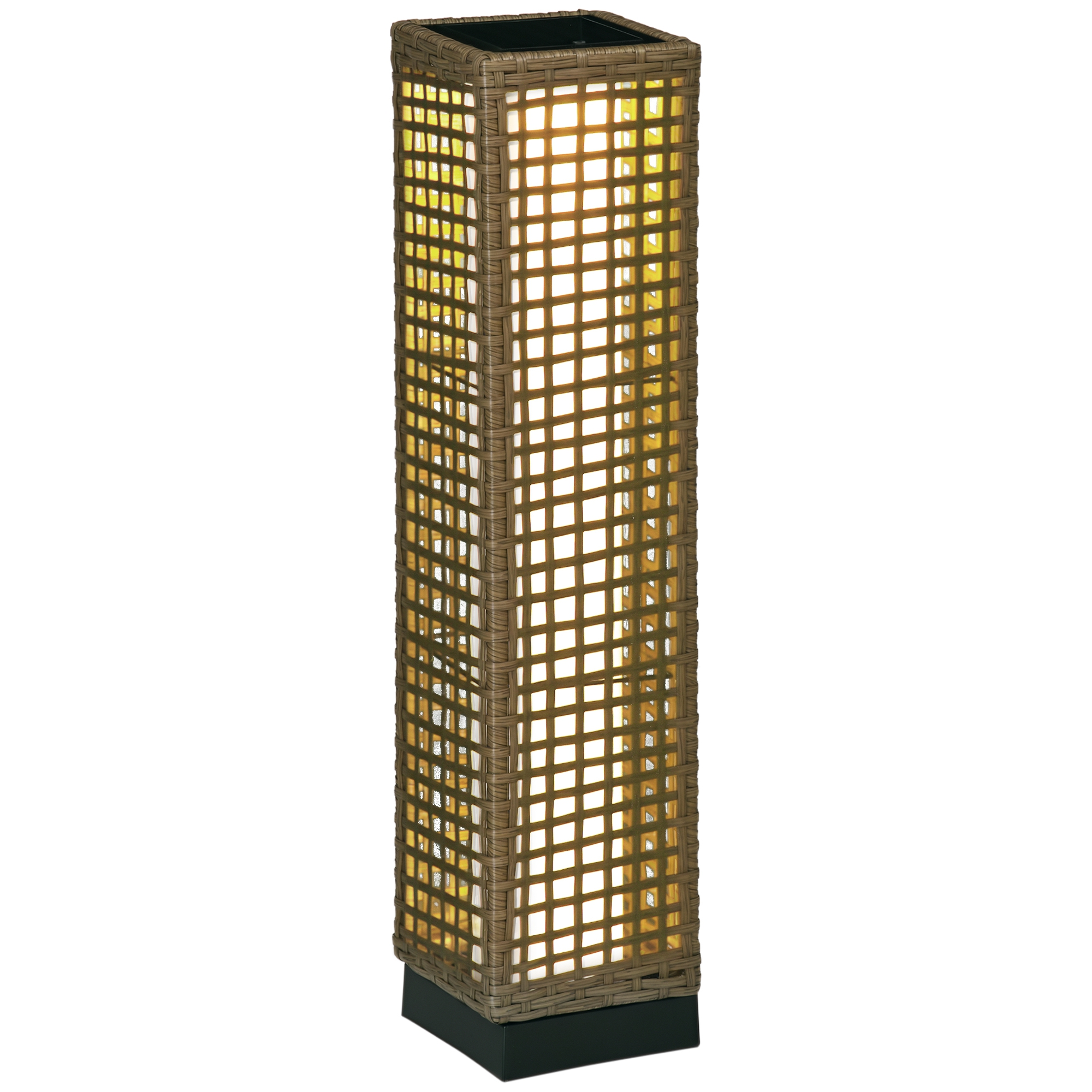 Un lampione rettangolare in rattan intrecciato marrone con base nera.