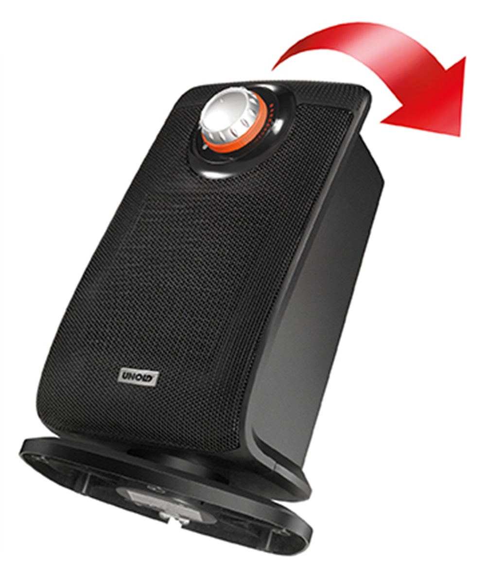 Czarny głośnik UNOLD ze srebrnym pokrętłem i czerwoną strzałką wskazującą obrót.