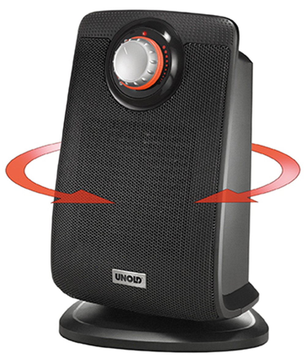 Czarny grzejnik UNOLD z pokrętłem i czerwonymi strzałkami wskazującymi przepływ powietrza.