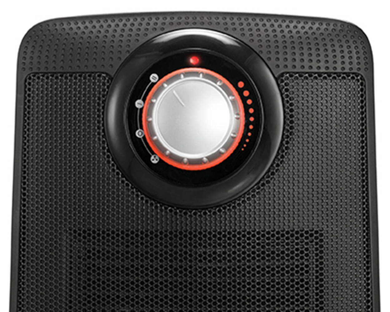 Czarna grzałka z srebrnym pokrętłem i czerwonymi lampkami kontrolnymi na teksturowanej powierzchni.