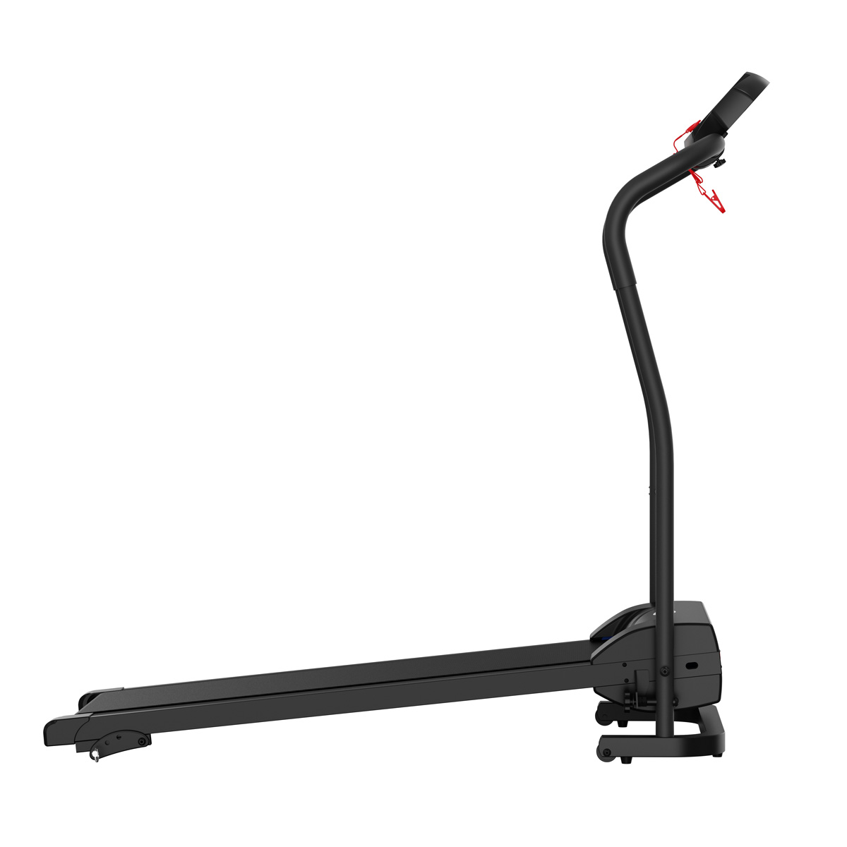 Czarna bieżnia z czerwonym klipsem stopu awaryjnego, widok z boku.