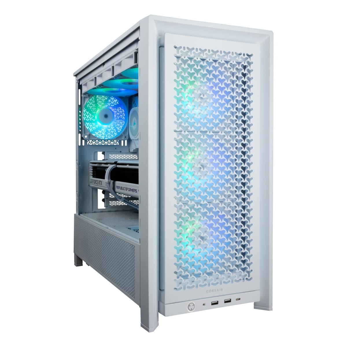 Weißes PC-Gehäuse mit RGB-Lüftern und sichtbarer GeForce RTX-Grafikkarte.