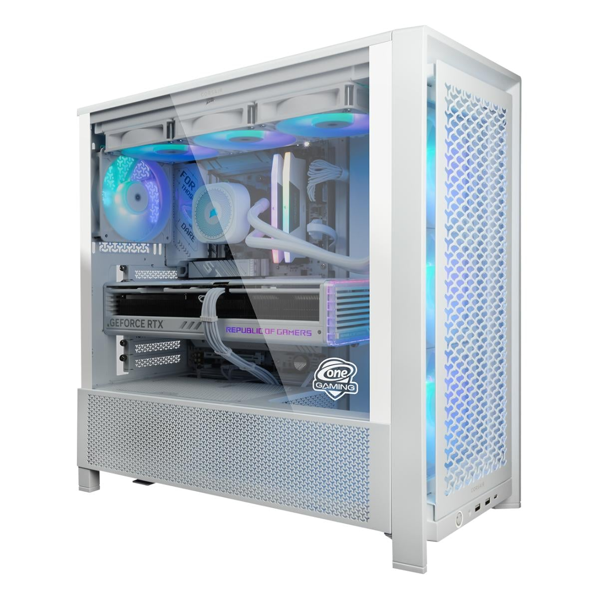 Weißer Gaming-PC mit RGB-Lüftern, GeForce RTX-Grafikkarte und klarer Seitenwand.