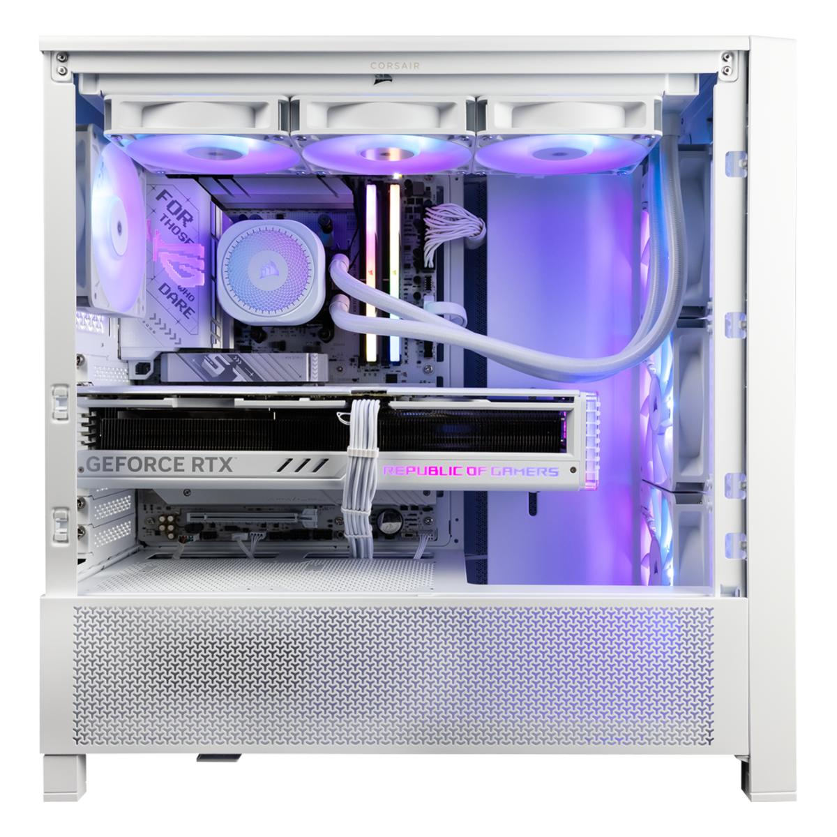 Weißes PC-Gehäuse mit RGB-Beleuchtung. Mit GeForce RTX und Republic of Gamers-Branding.